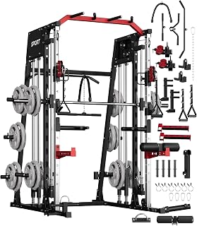 All in One Smith Machine Home Gym, 2200lbs Squat Rack with LAT-Pull Down System & Cable Crossover Machine, Training Equipment with Leg Press Attachment