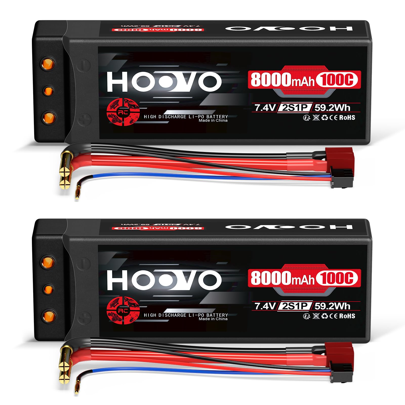 HOOVO 2S Lipo Battery 8000mAh 7.4V 100C RC Battery Hardcase Lipo Batteries with 4.0mm Banana to Deans Plug for RC Evader BX Auto Car Truck Truck Truggy RC Hobby (2 Pack)