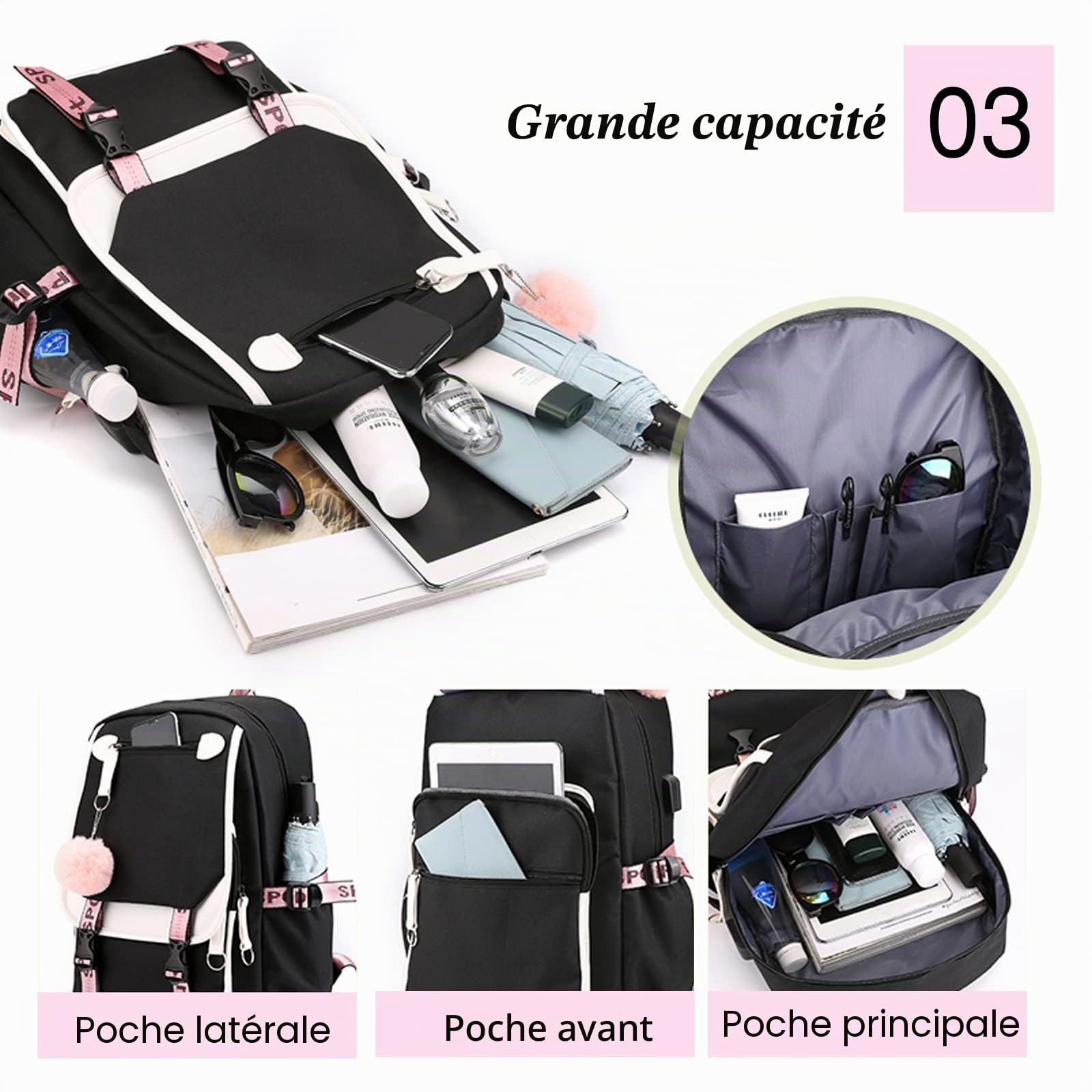 FANDARE Sac à Dos de Filles Sacs d'école Loisir Cartable Sacs Scolaires avec Port de Charge USB pour Femme Outdoor Voyage Achats Pique-Nique Campus Randonnée avec Pendentif Hair Ball Noir