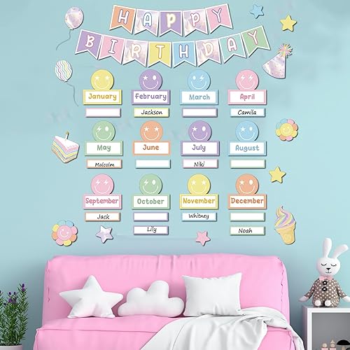 Miniatura 5 de Juego de tablón de anuncios de cumpleaños con cara sonriente pastel, decoración de tablero de anuncios de cara feliz, placas de nombre de