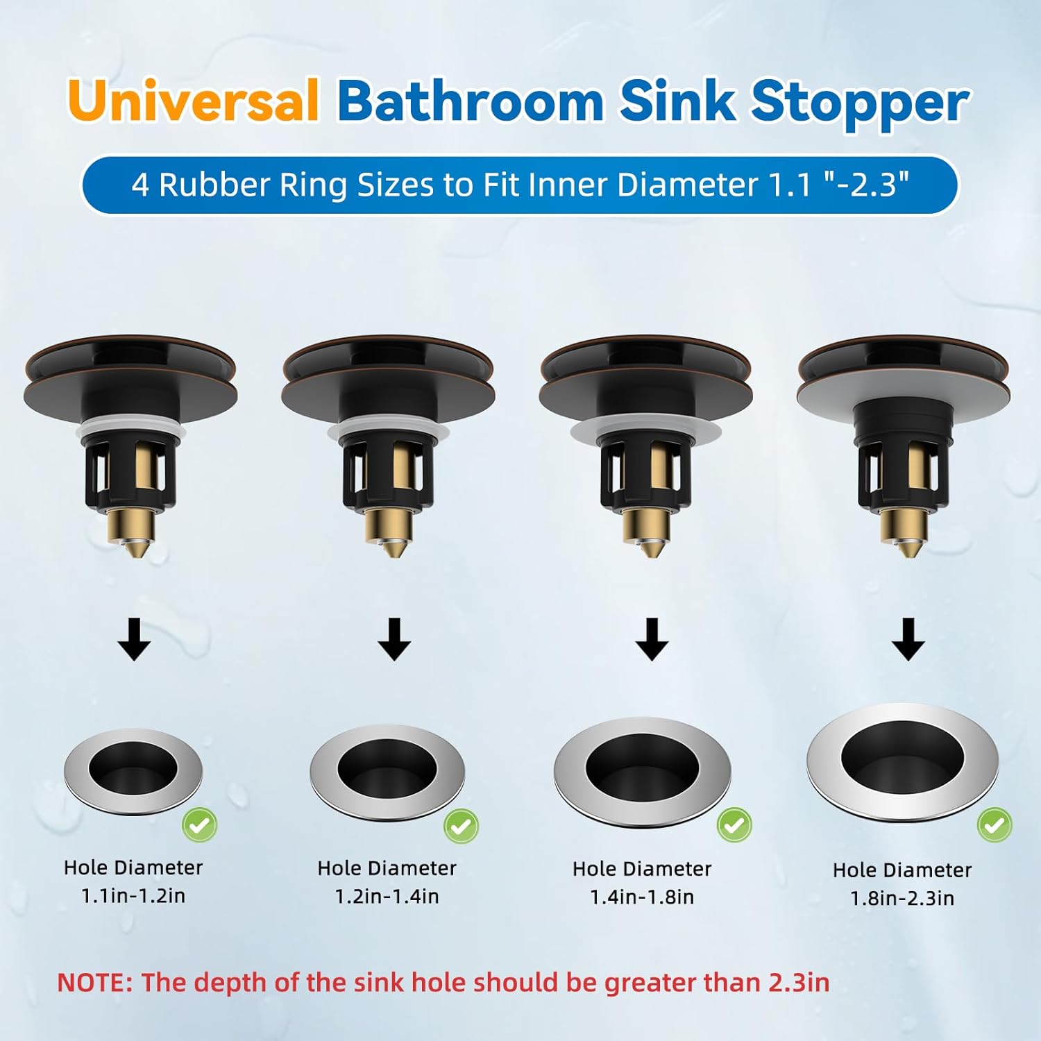 iFealClear 2 Pack Universal Bathroom Sink Stopper, Pop Up Sink Drain Strainer with Hair Catcher, Fit 1.1"-2.36" US Basin, Wash Basin Drain Plug with Big Cover Cap, Brass Bounce Core, Oil Rubbed Bronze