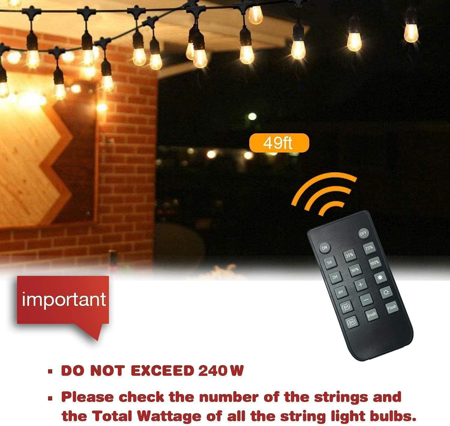 SUNTHIN Outdoor String Lights 48FT with 240W Outdoor Dimmer for String Lights, Wireless Remote Control Dimmer 50Ft Distance Auto Off Switch Timer for LED Strings Lights