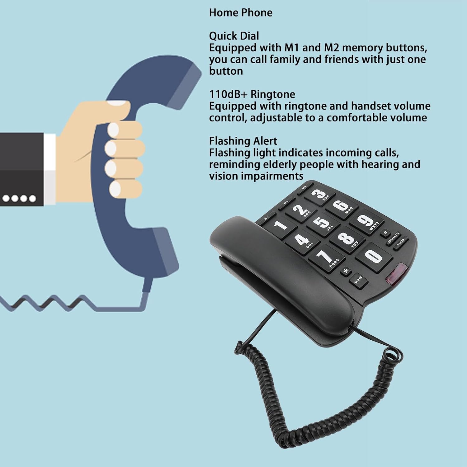 Diyeeni Large Key Wired Telephone, Home Telephone for The Visually Impaired, Adjustable Earpiece Volume, 110dB Ringtone, One Touch Dialing Buttons, Redial & Flash Function (Black)