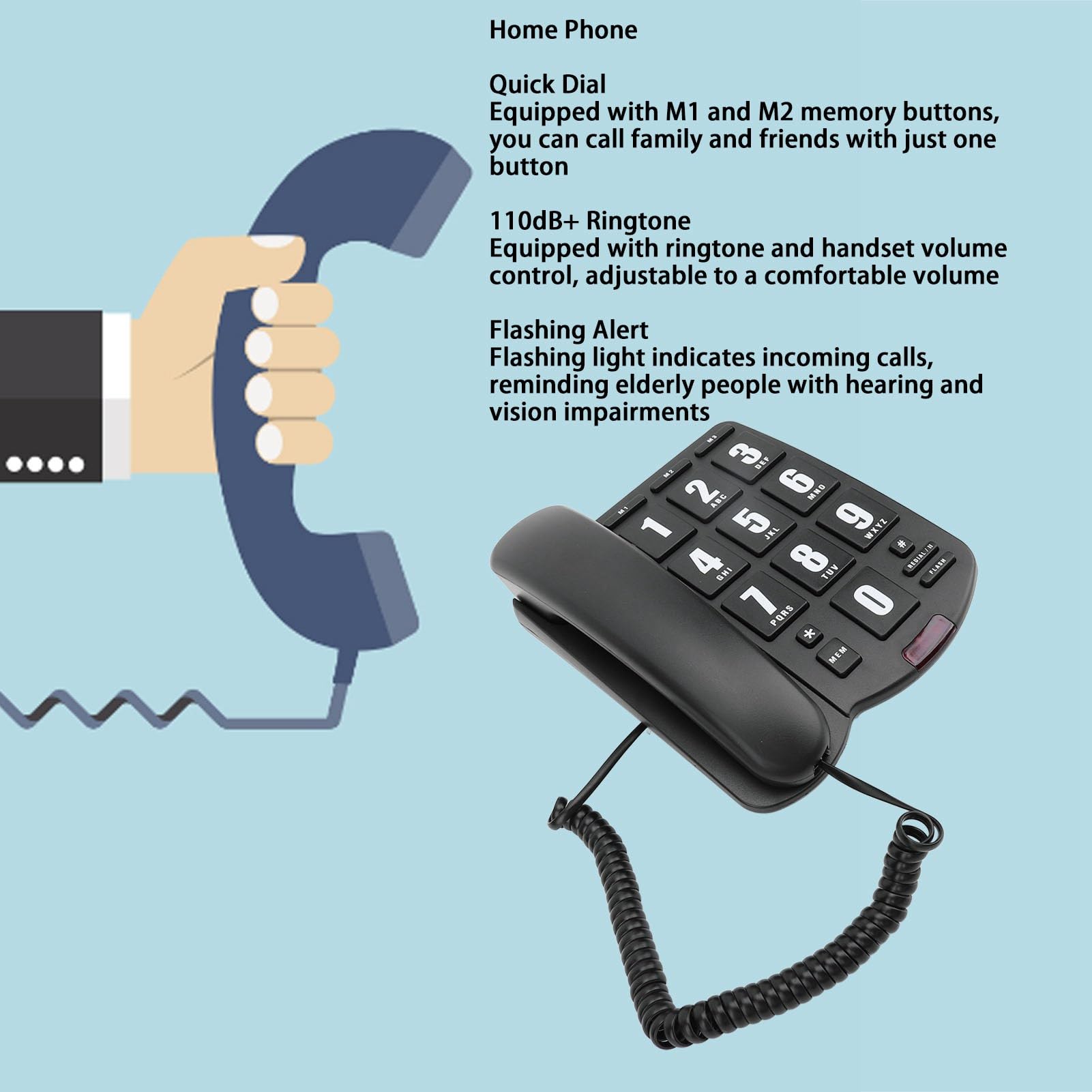 Telefono con Tasti Grandi per Anziani, Telefono Fisso con Filo con Selezione Rapida, Disattivazione Audio,Ricomposizione,Vivavoce, Volume Regolabile, per Non Udenti e Non Vedenti