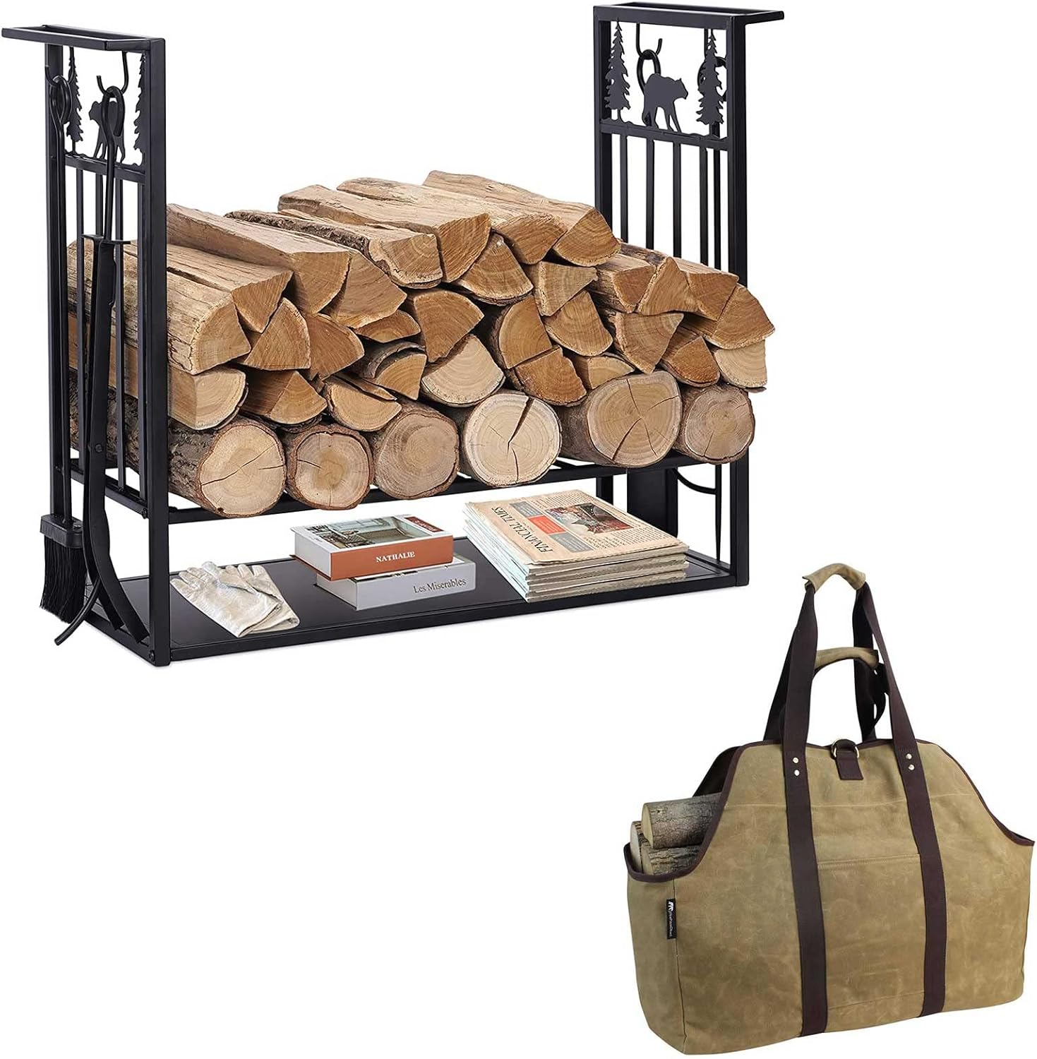 Firewood Log Carrier and Firewood Rack with 4 Fireplace