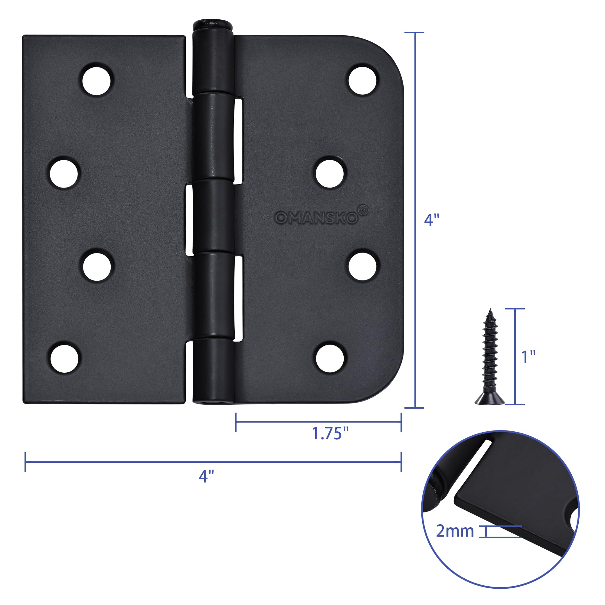 Bisagras de puerta negras de 4 x 4 pulgadas, paquete de 18 bisagras de puerta negras mate abatibles para puertas interiores, bisagras resistentes con esquina cuadrada y radio de 5/8 pulgadas