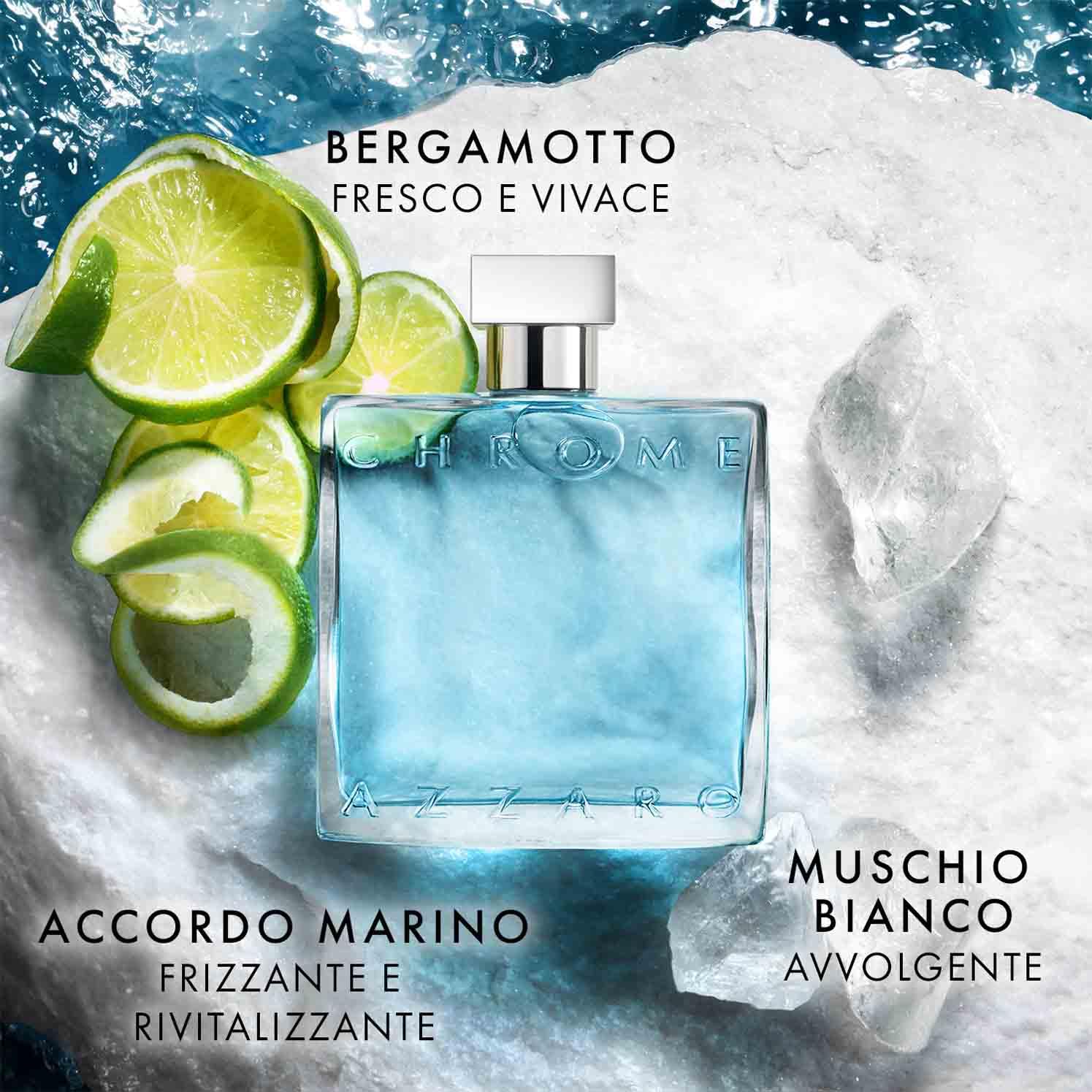 Azzaro Chrome Eau de Toilette Uomo, Profumo Uomo Fresco e Persistente, Fragranza Maschile dalle Note Agrumate e Legnose, Con Foglia di Mate, Bergamotto e Muschio, A Lunga Durata