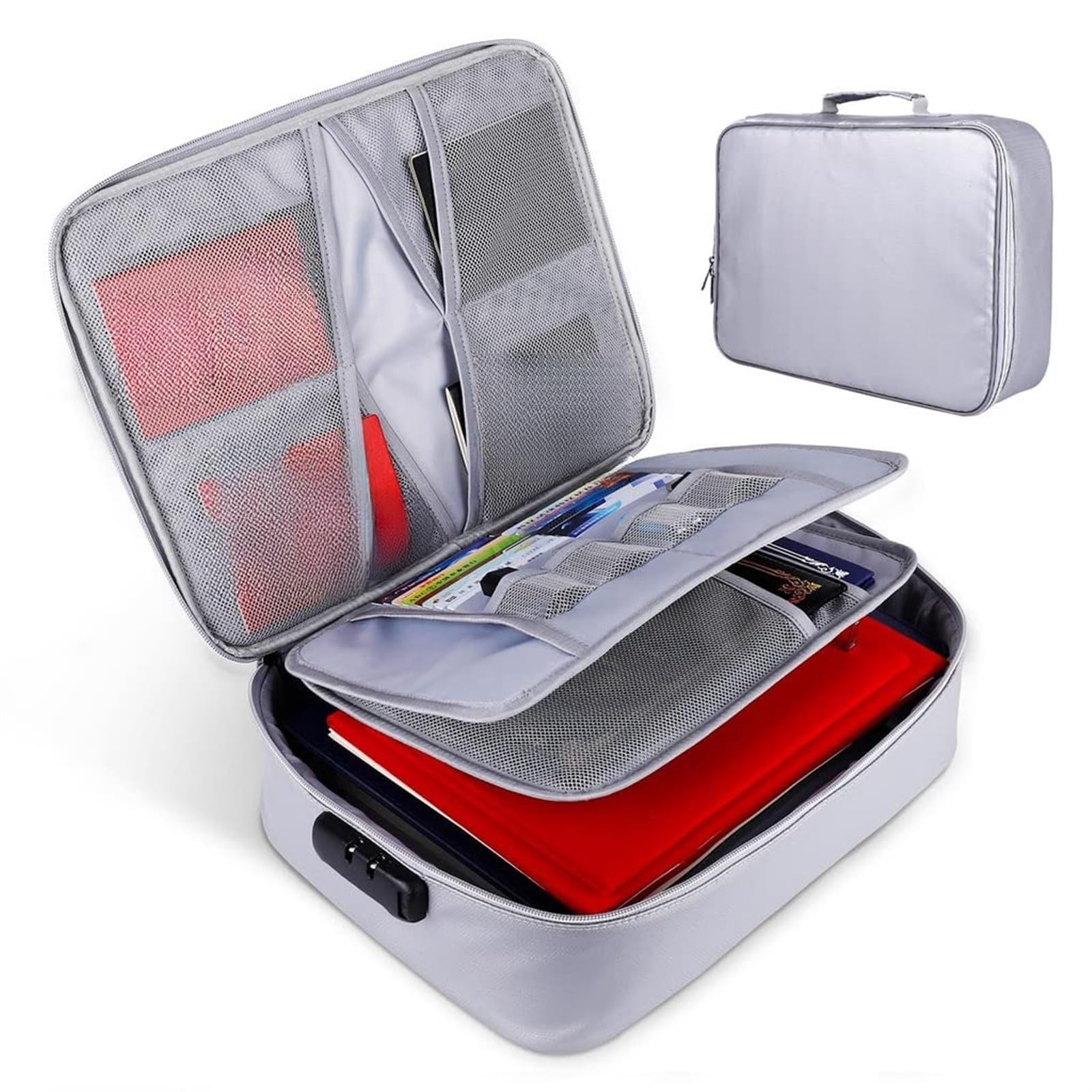 THE WHITE SHOP Fireproof Document Bag Upgraded 2 Pockets (2000 ℉)15 x 11 Inches Silicone Coated Fireproof and Money Bag Fireproof Safe Storage for Money, Documents, Jewelry and Passport,Large,Silver