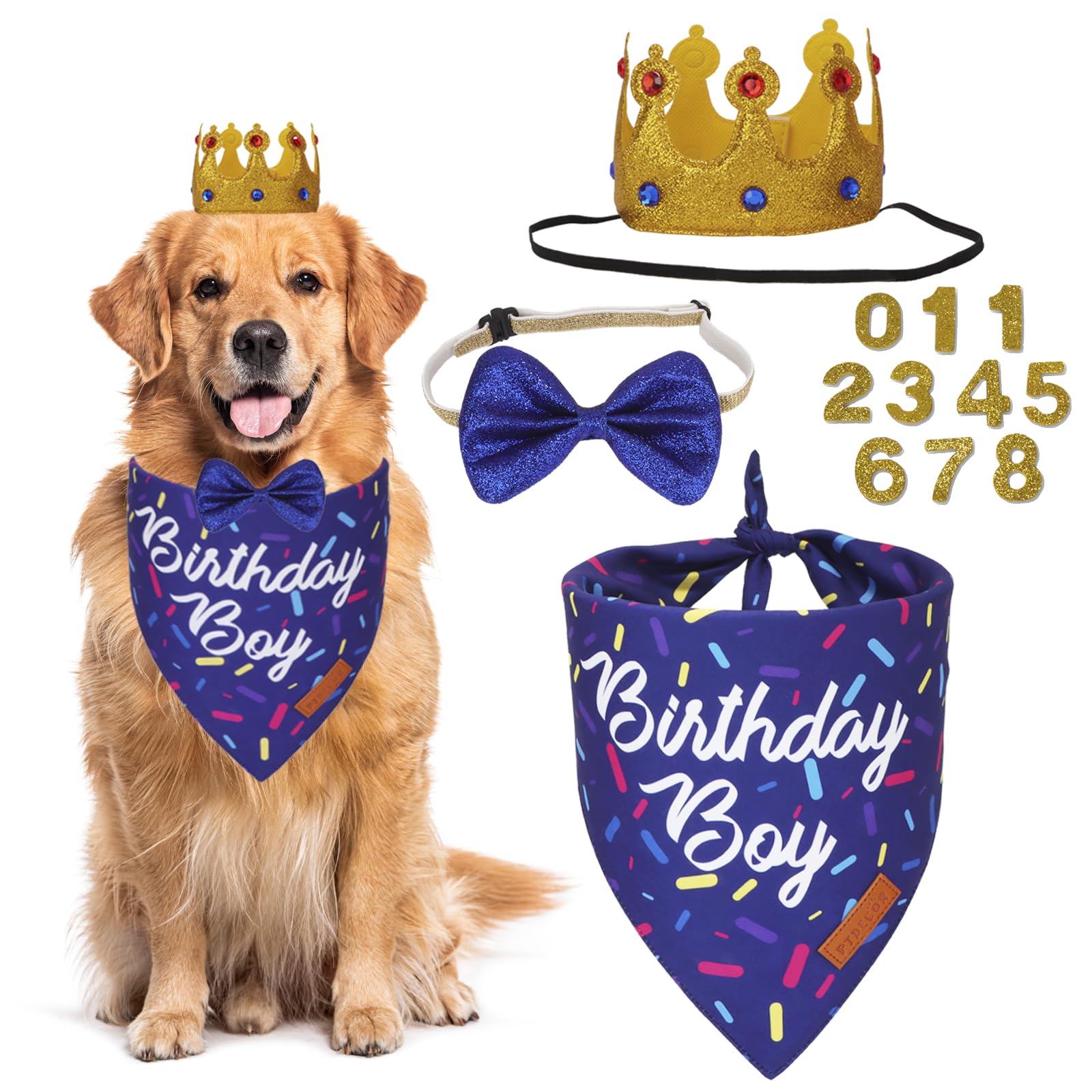 PTDECOR Dog Birthday Party Supplies, Birthday Boy Bandana Golden King Crowns with Numbers Puppy Blue Dog Bow Set for Large and Extra Large Dogs Pets (