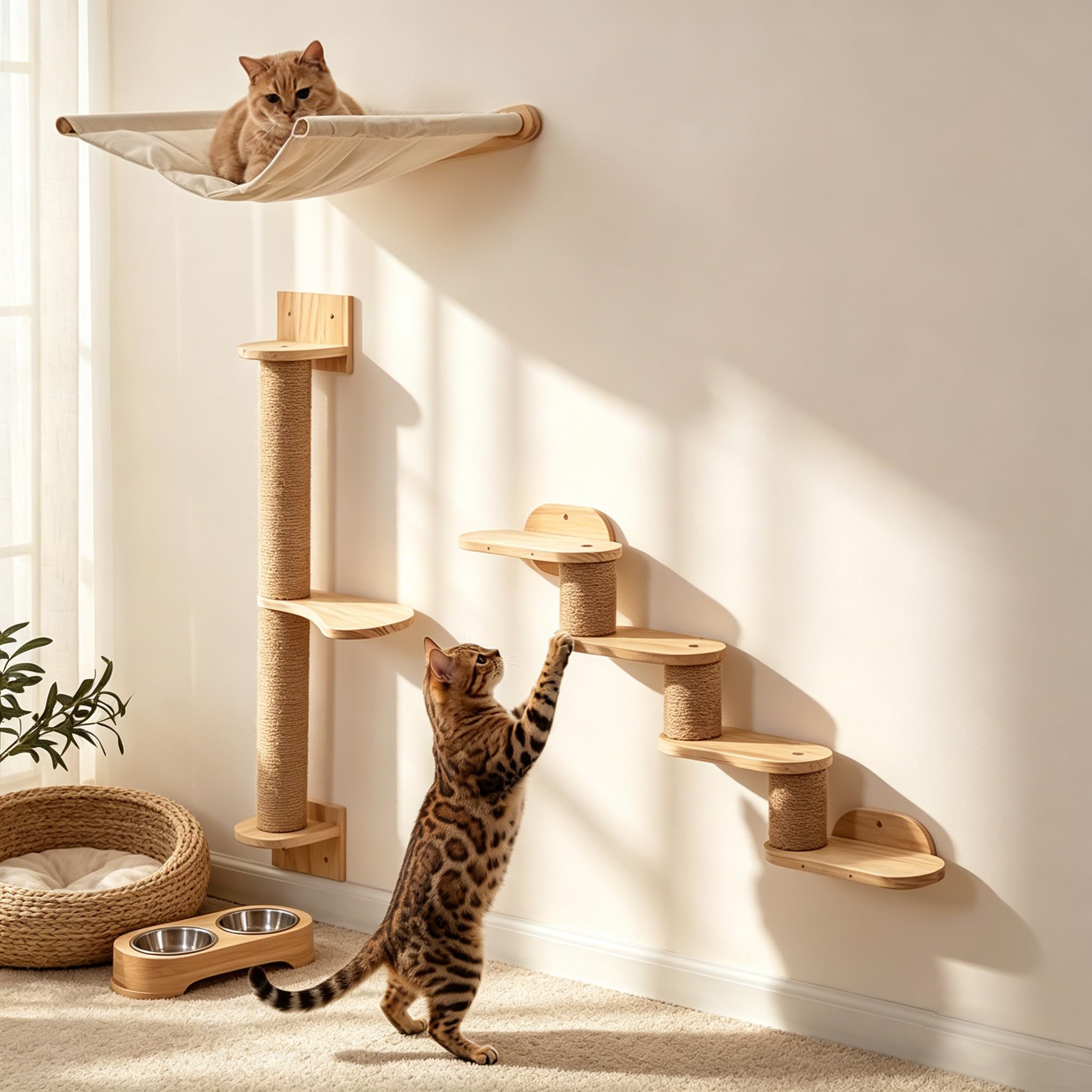 Cat Wall Climbing Set with Hammock Wooden Cat Shelves for Indoor Cats