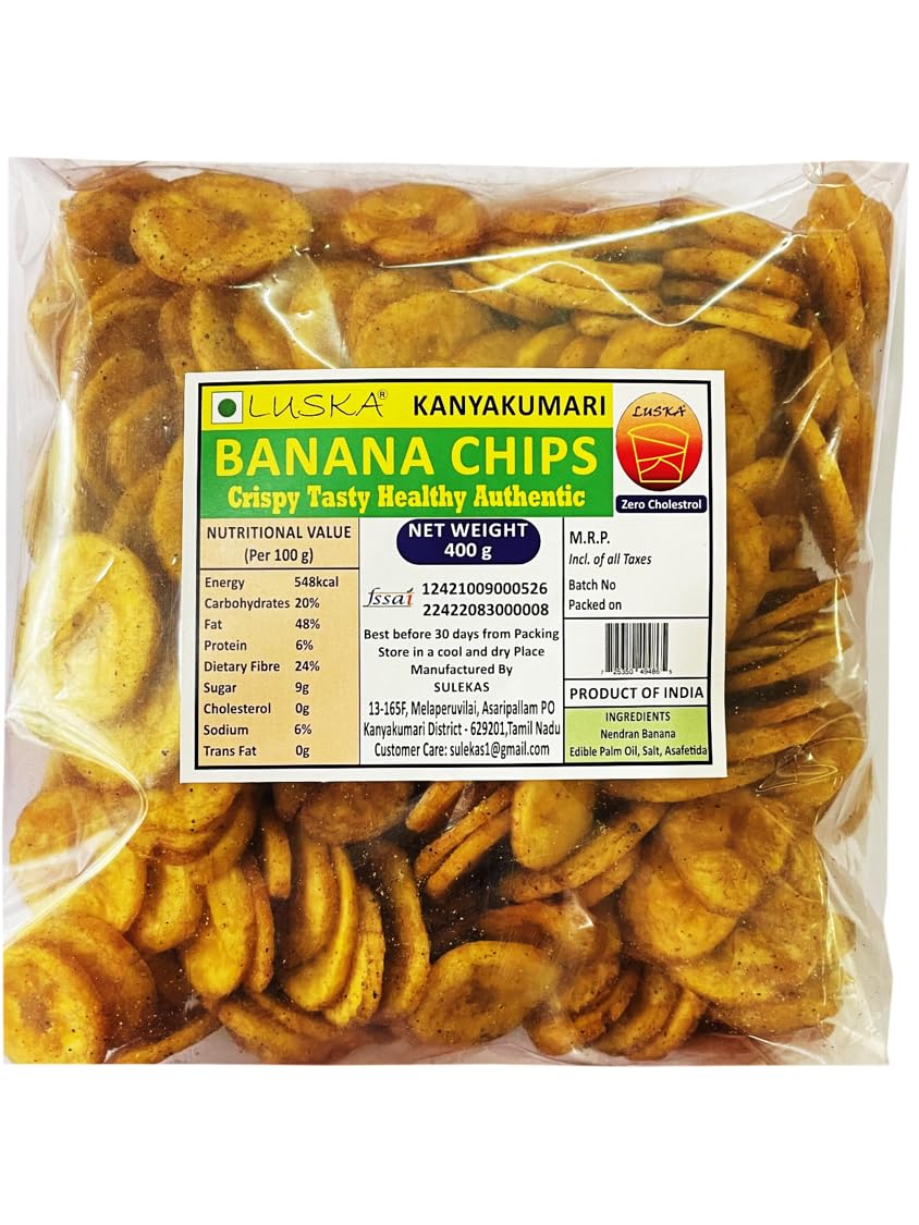 LUSKA Kanyakumari Banana Chips, 400 grams, Authentic Nendran Plantain Chips (400g) | Zero Cholesterol