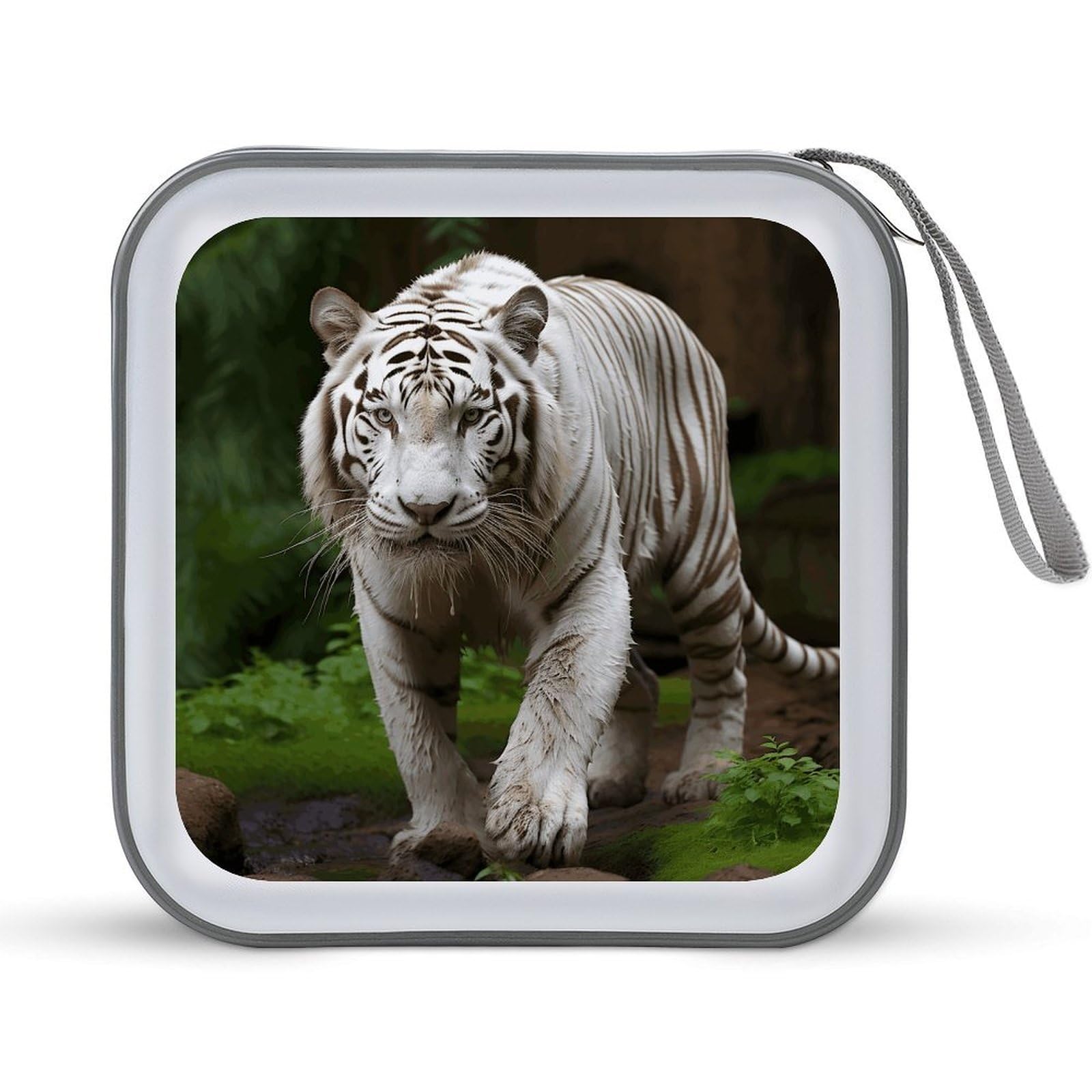 VstaDank Majestic White Bengal Tiger 40 Capacity DVD Case with Zipper Disc, Portable CD Storage Organizer Hard Plastic Storage Wallet Organizer