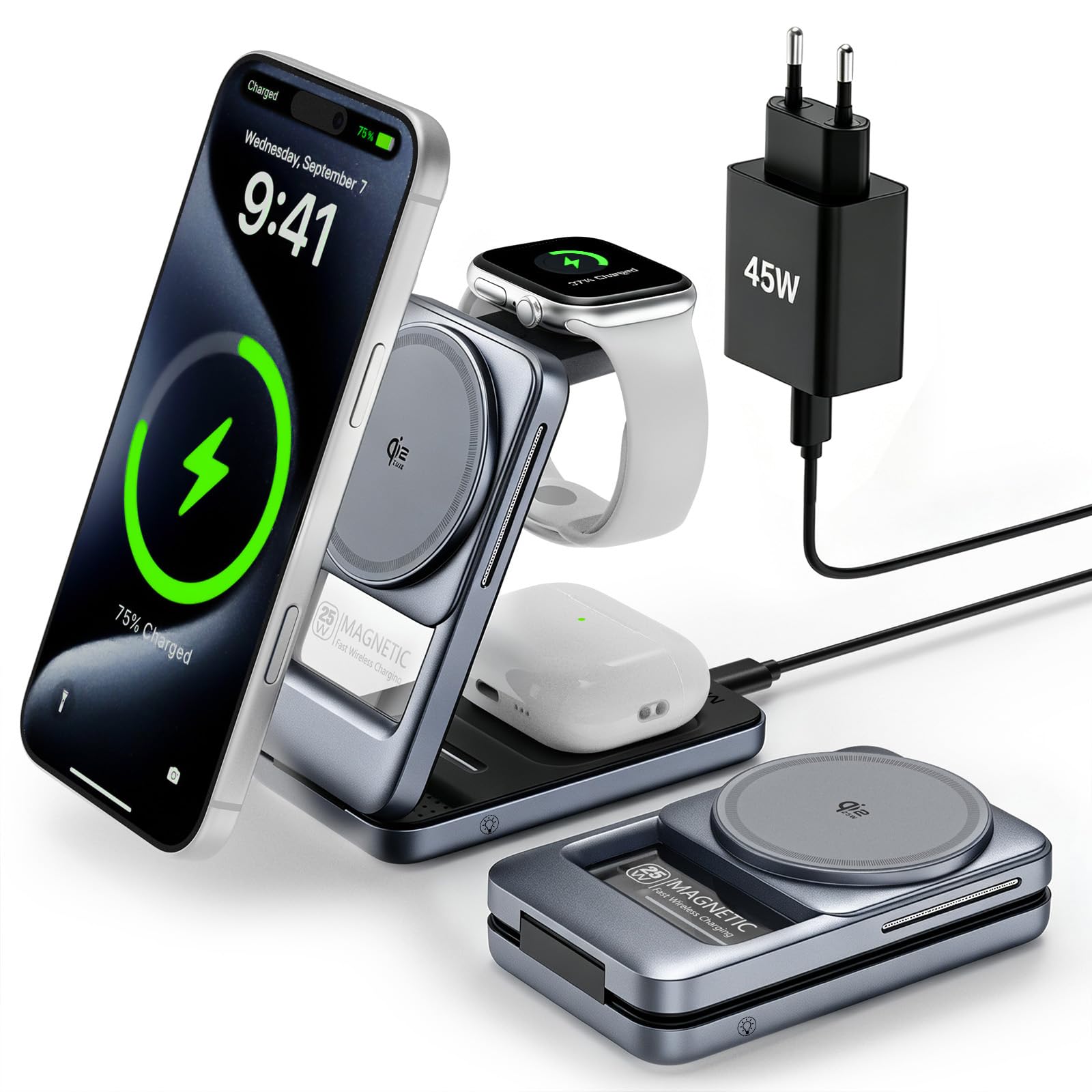 Cargador Inalámbrico Qi2.2 25W, 3 en 1 Estacion de Carga Plegable para apple17 16 15 14 13 12/Pixel 10 Galaxy S26 etc, para Auriculares, para Apple Reloj con Adaptador de 45W