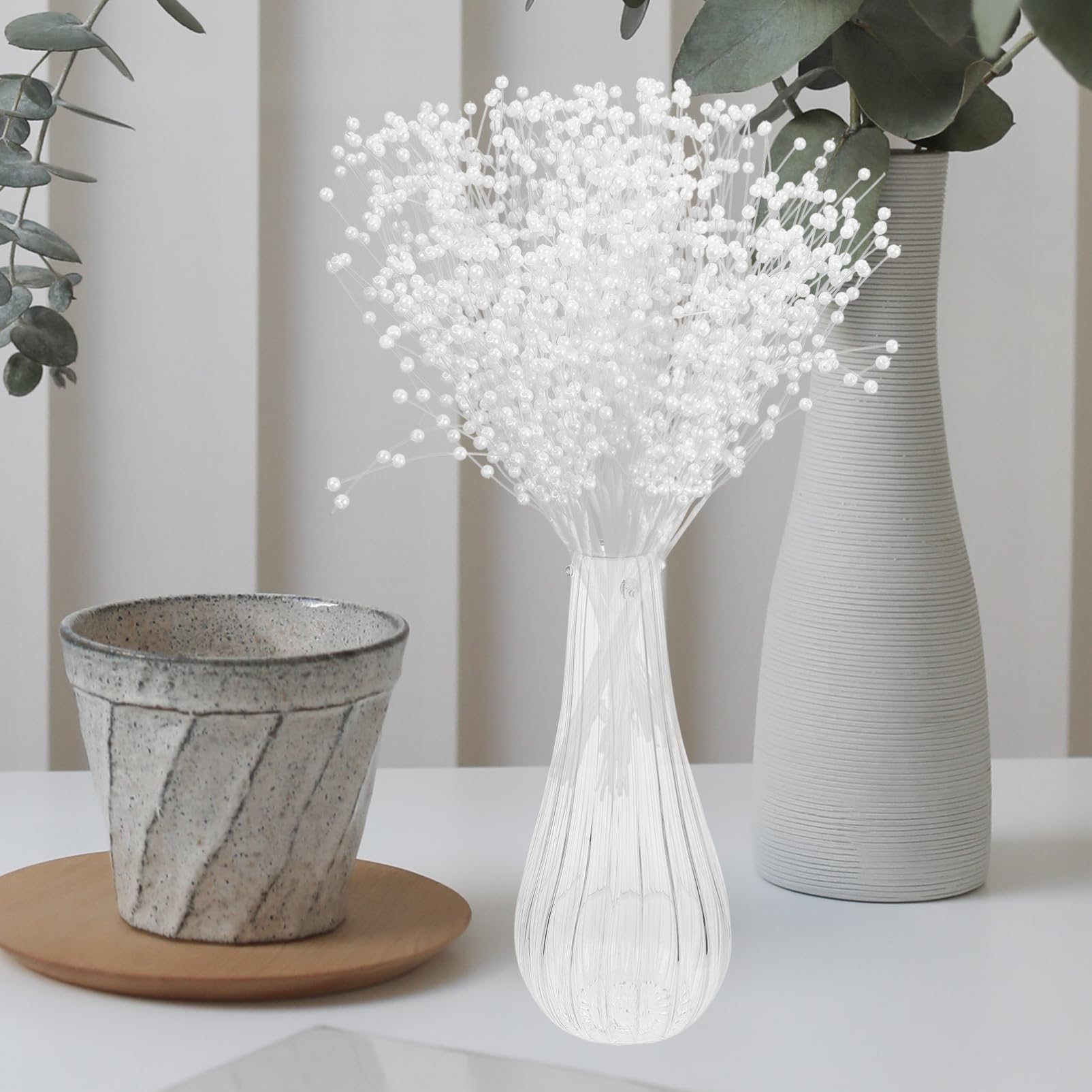 HOMSFOU 3 Set Perle di Fiori di Perle Perline Perle per Matrimonio Decorazioni Floreali Artificiali Ghirlande di Perle Bouquet Steli di Bacche di Perle Plastica Bianco 100 Pezzi*3