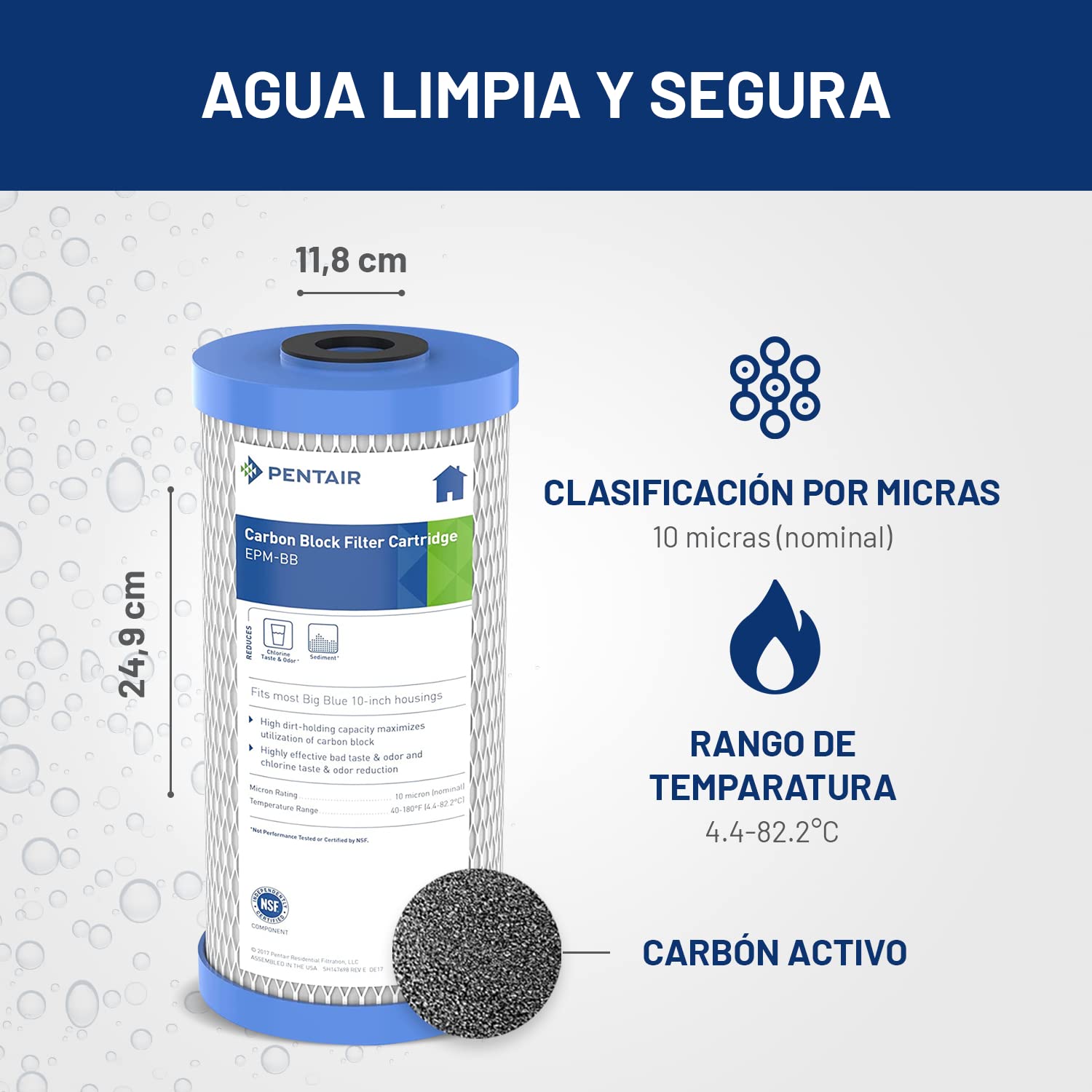 PENTAIR - Cartucho de carbón activo - Big Blue EPM-10BB - filtro agua potable - Reducción cloro - 9-3/4" x 4-5/8", 10 micras