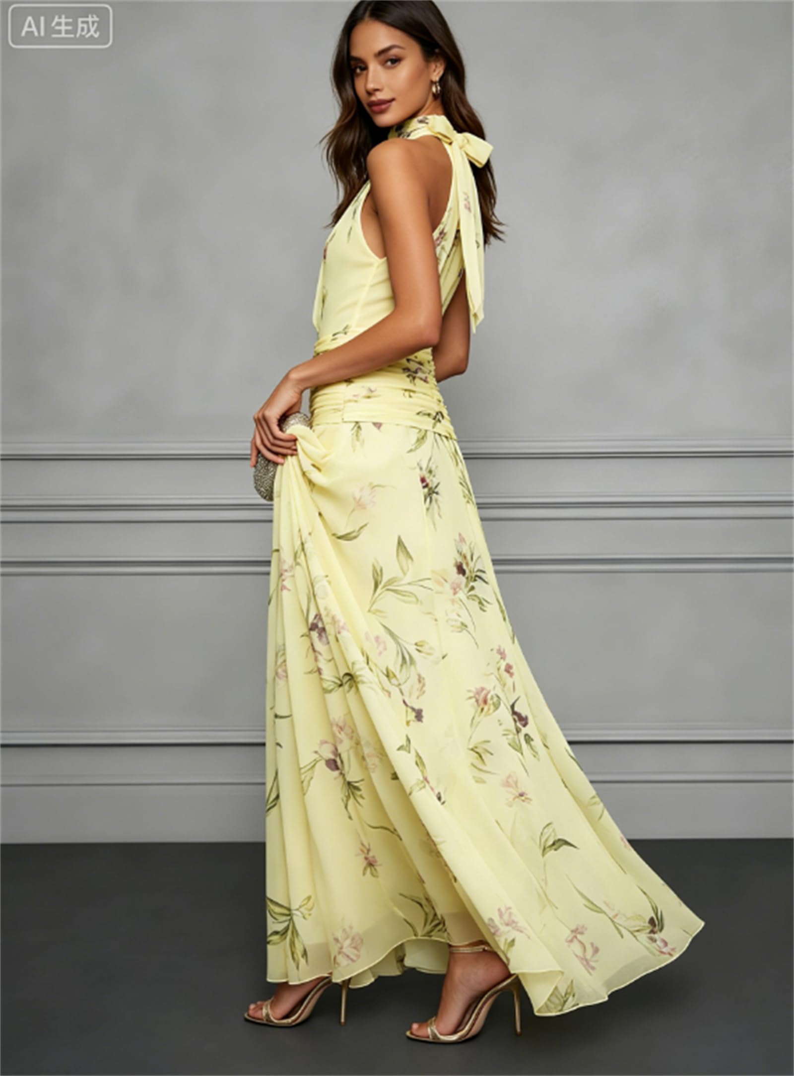 Abito Lungo da Donna in Chiffon Floreale con Scollo all'Americana, Senza Maniche, a Vita Alta, con Cintura, Linea ad A Pieghe, Aderente, Ideale per Vacanze, Matrimoni e Occasioni Speciali.