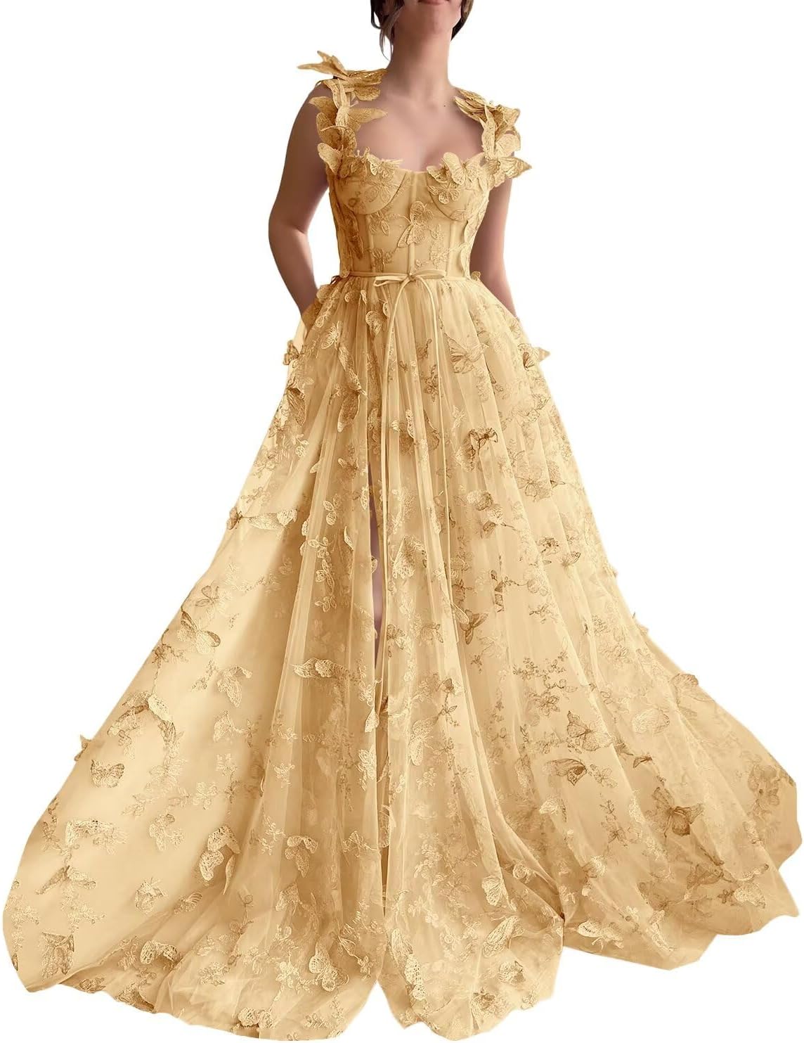 Cudiew 3D Butterfly Lace Applique Tulle Prom Dresses Floor Length Women's Formal Long Evening Party Gown with Slit