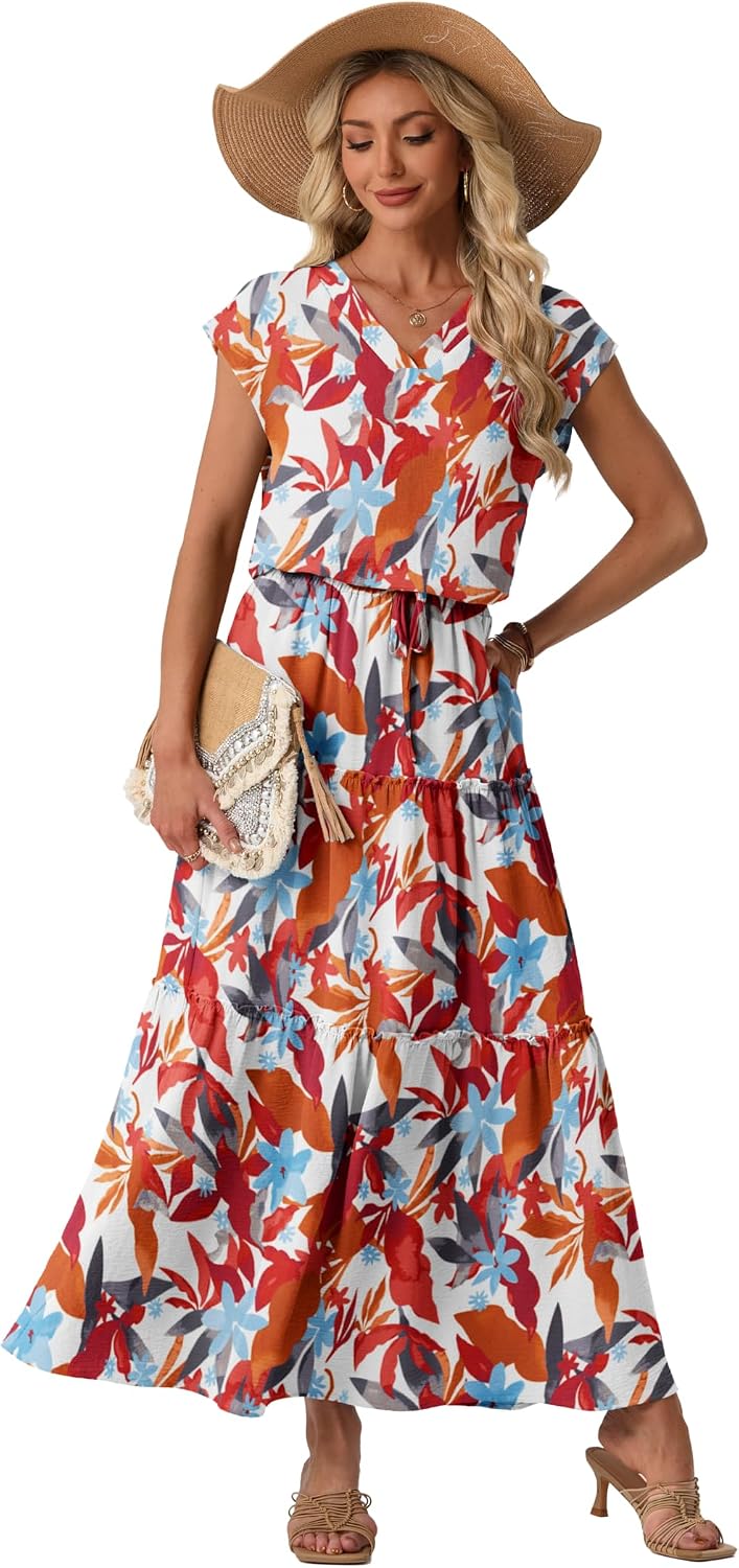 Lepunuo 2 Piece Skirt Sets for Women Flowy Maxi Skirts Cap Sleeve Tops Matching Sets Travel Vacation Outfits with Pockets