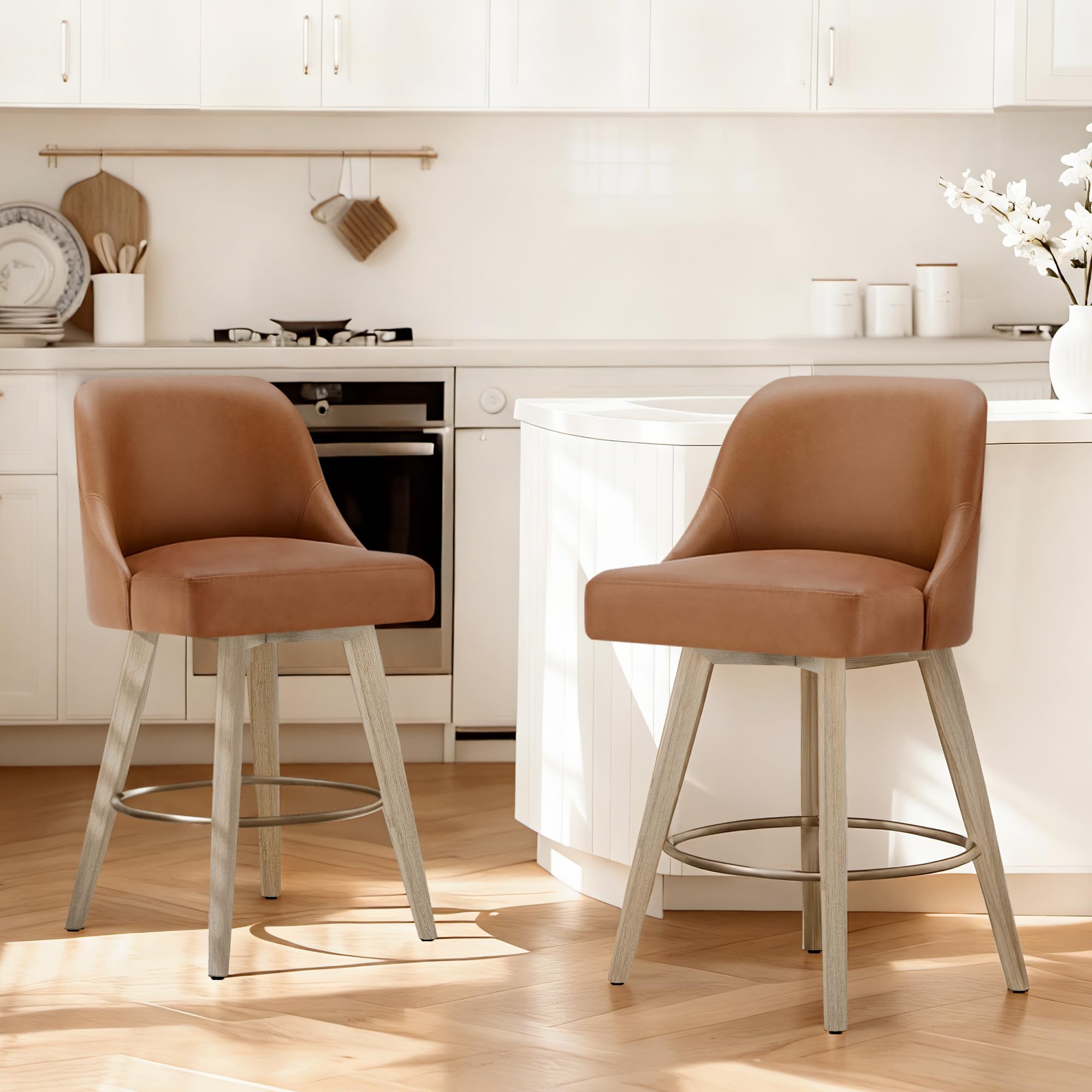 Photo 1 of Counter Height Bar Stools Set of 2, Modern Swivel Barstools with Back and Wood Legs, Faux Leather Upholstered Bar Chairs, 26" Seat Height Counter Stools for Kitchen Island,Brown