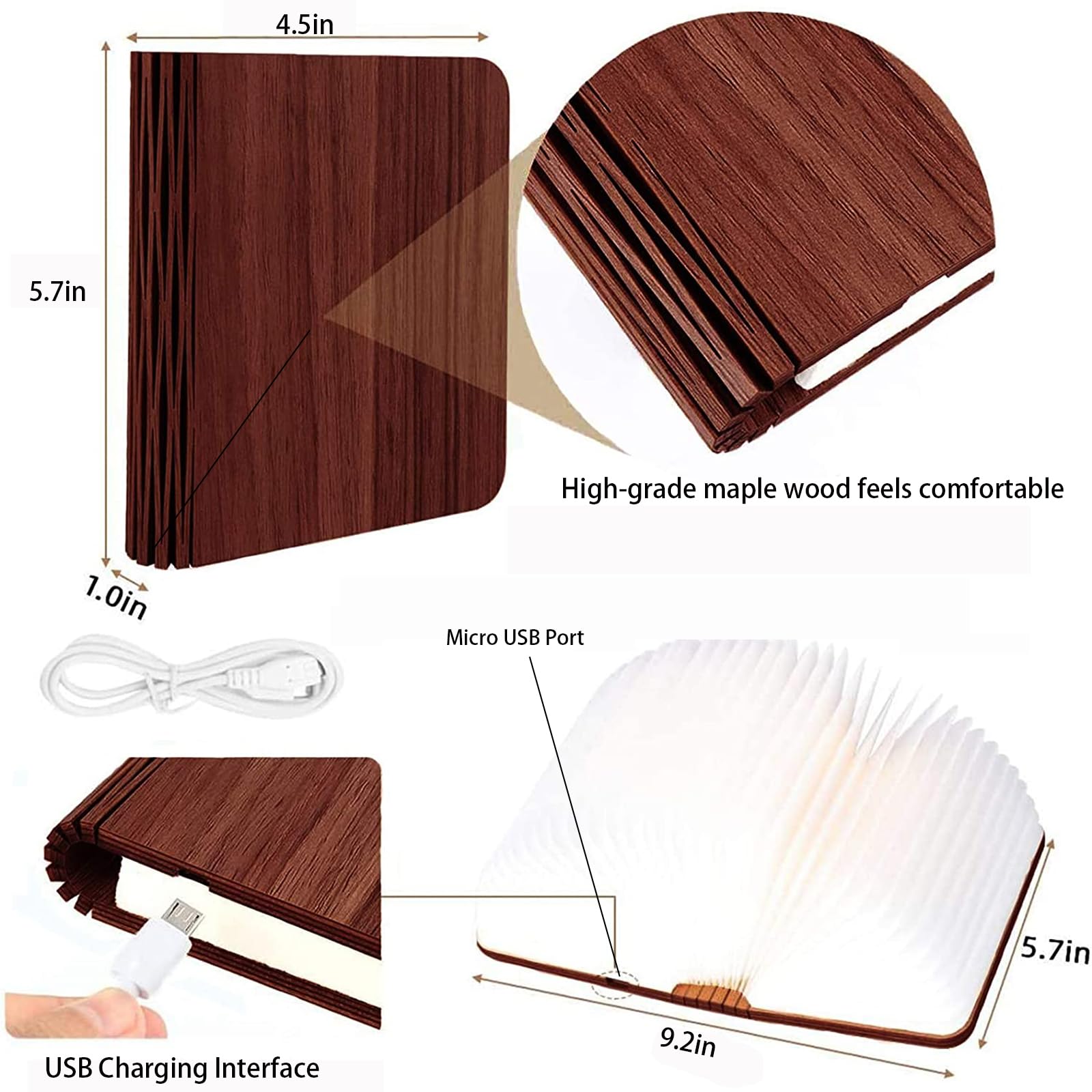 Ngtcglm 5.7Inch Wooden Book Light, 3 Colors Folding Book Lamp, USB Rechargeable,Unique Lamp,Book Lovers Gifts