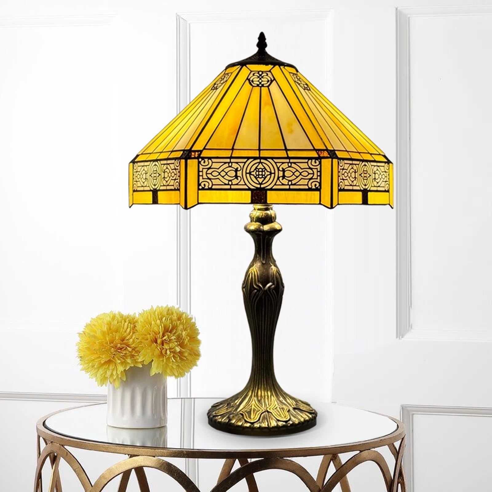 Auroh Tiffany Table Lamp 16 inch Handcrafted Lamp Shade Antique Design Yellow Hexagon Table Lamps for Living Room Decor Home Decor Hallway Gallery