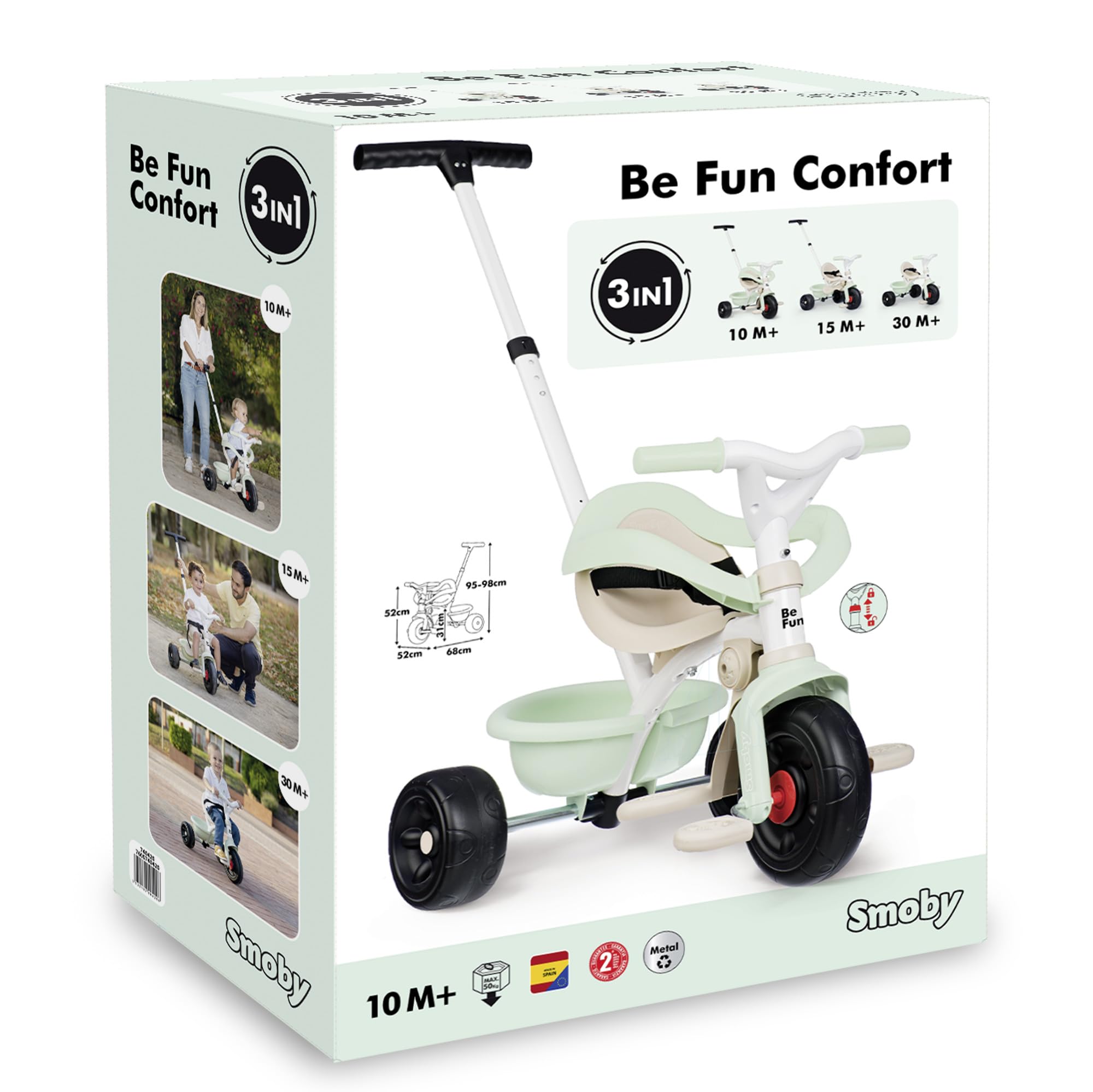 Smoby - Triciclo Be Fun Confort - 3 in 1 Evolutivo - Maniglione Parentale Regolabile a 3 Altezze - Seduta Regolabile - Dai 10 Mesi ai 3 Anni - Prodotto in Spagna