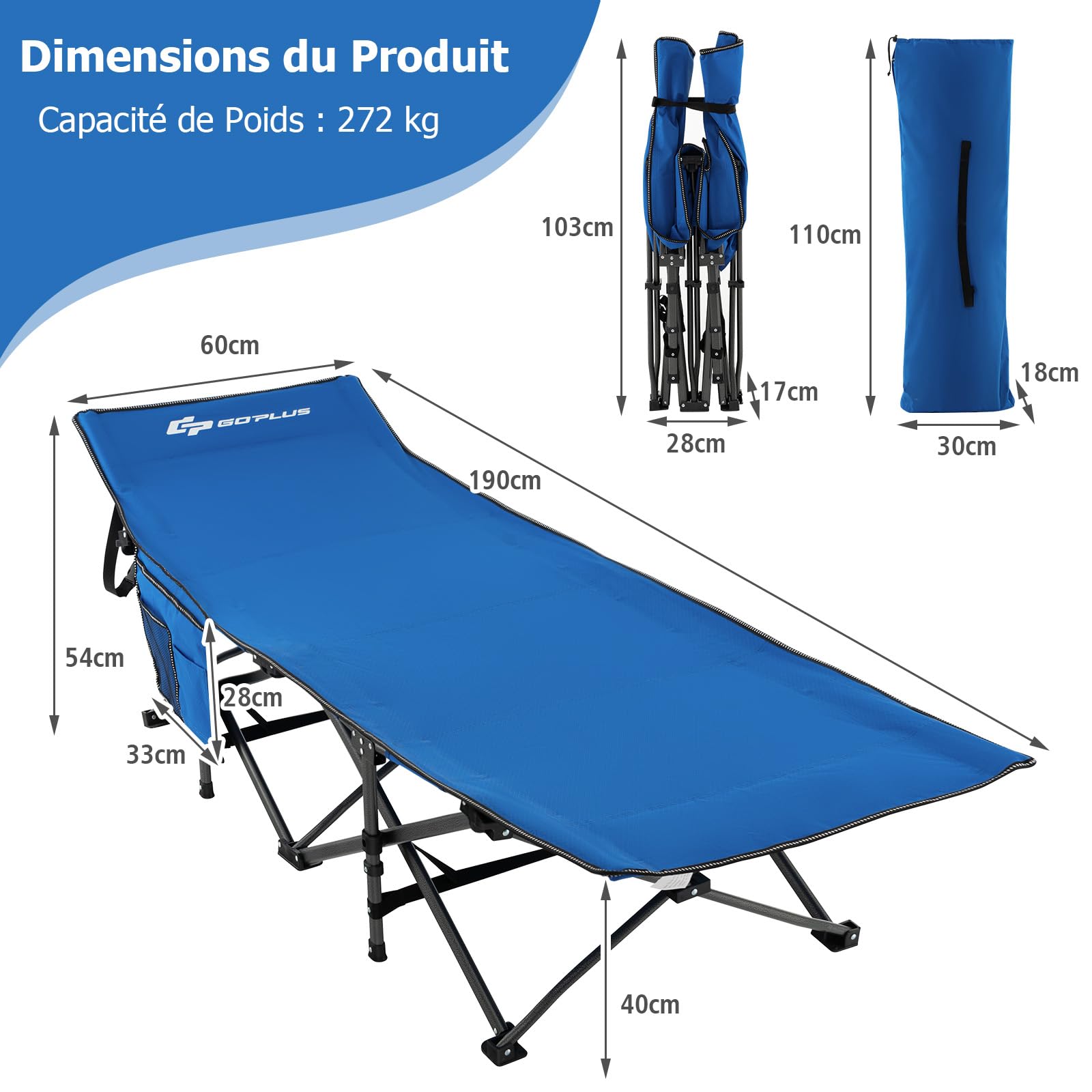 GOPLUS Lit de Camping Pliable 1 Personne avec Appuie-tête Incliné, lit de Voyage Portable avec Poche Latérale & Sac de Transport, Charge 272 KG, pour Camping, Randonnée, Pêche, 190X70X54 CM