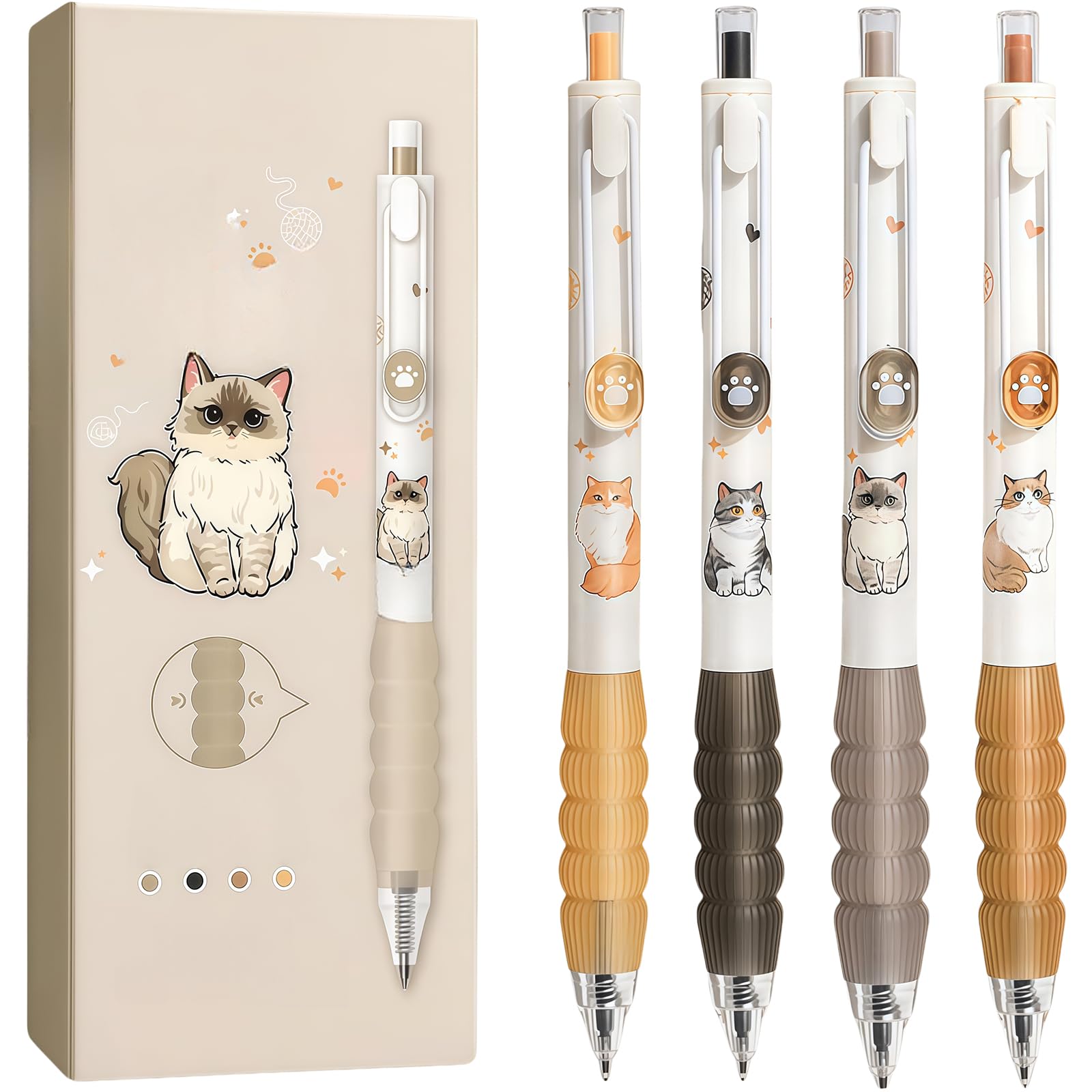 Komergave 4 Pcs Cat Pens, Cute Stationery Retractable Cat Gel Pens, 0.5mm Black Ink Fine Point Smooth Writing Pen with Comfortable Grip for Girls Women, Journaling Note Taking, School Office Supplies