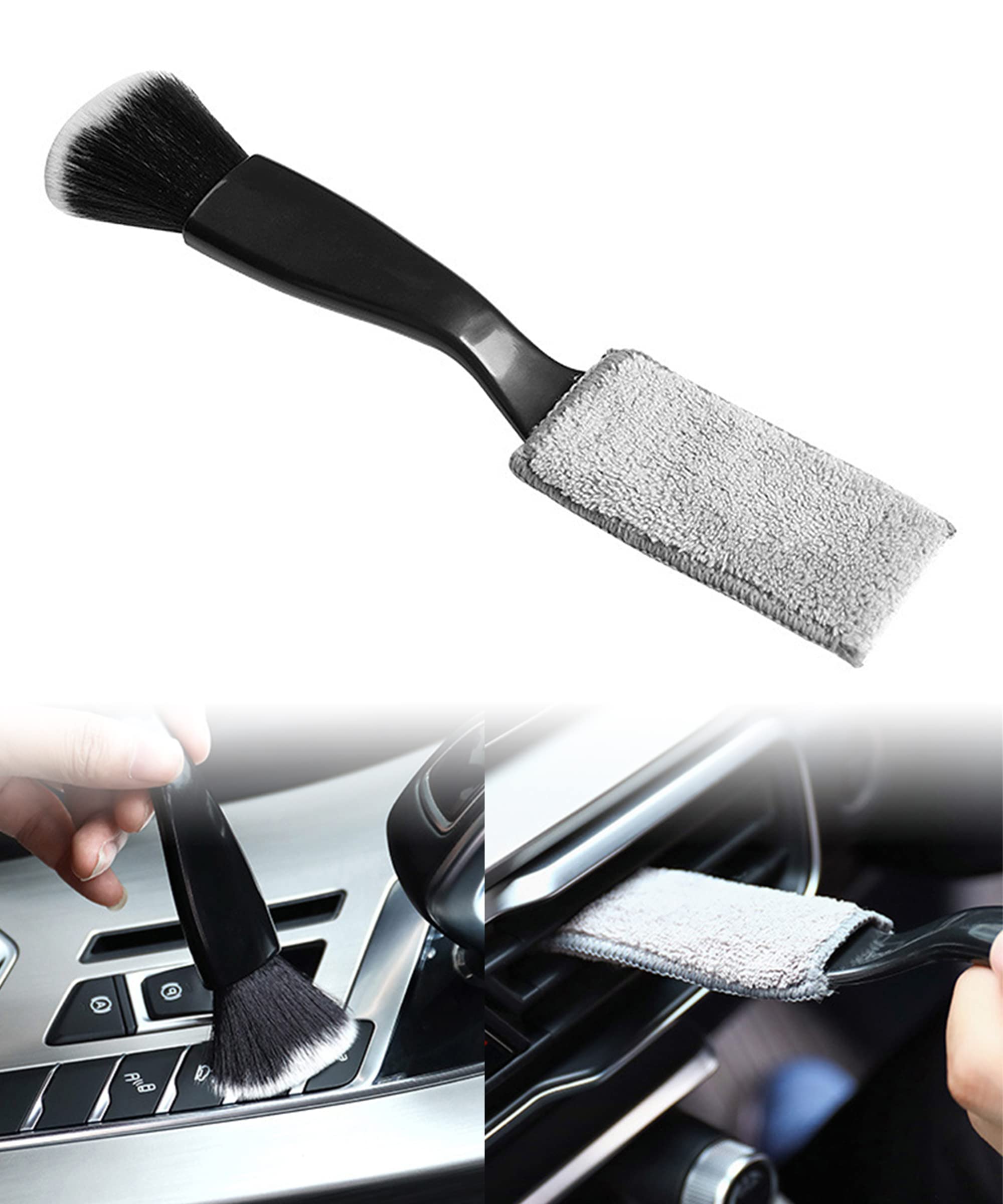 Double Head Car Cleaning Detailing Brush, 2 in 1 Duster,Car Air Vents Dashboard Screen Clean Brush,Soft Multi-Functional Car Interior Detailing Brush,Apply to Car Air Vents (Black)