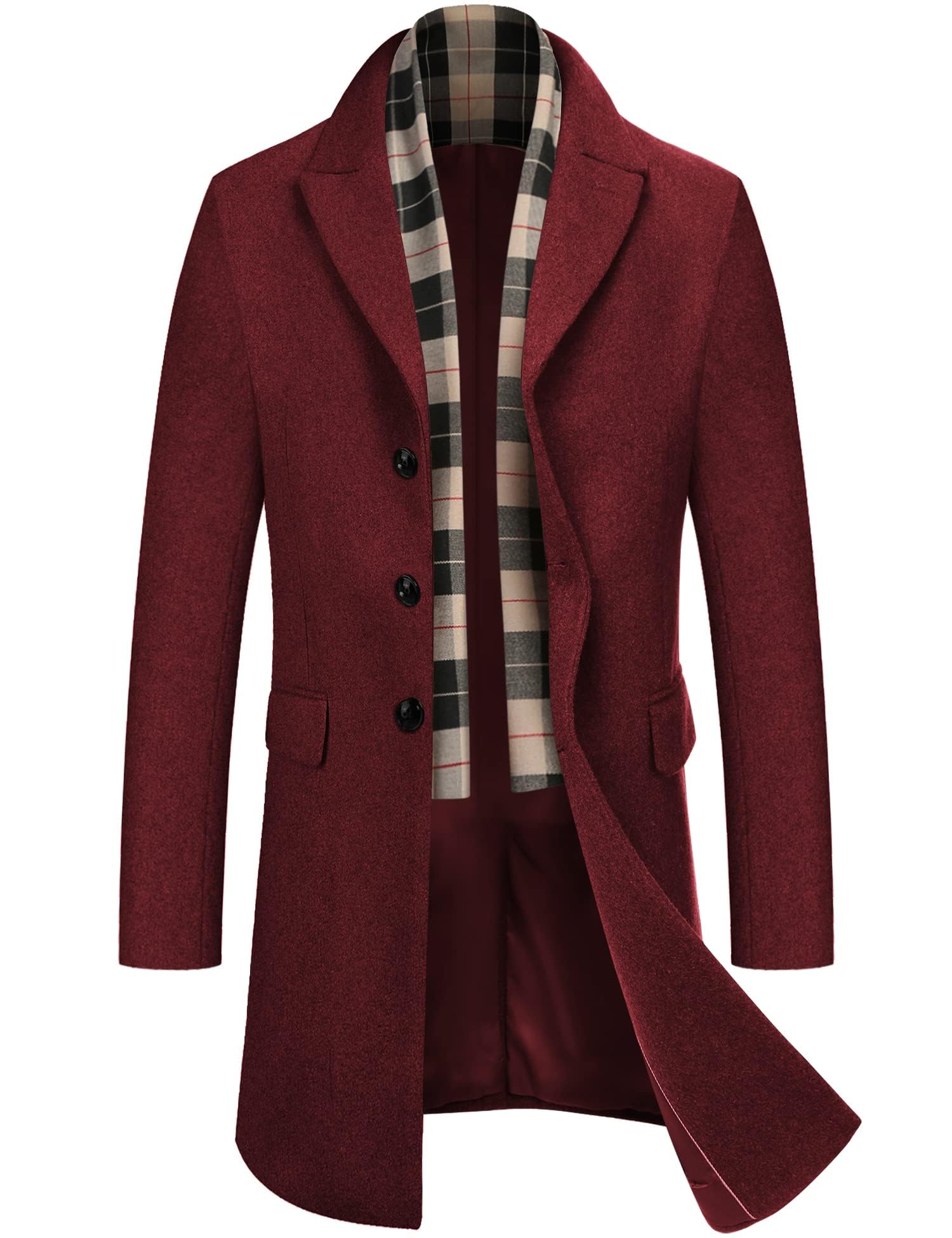 coofandy Men's Wool Blend Coat with Detachable Plaid Scarfs Notched Collar Single Breasted Pea Coat Trench Overcoat, Wine Red, X-Large-picture-12