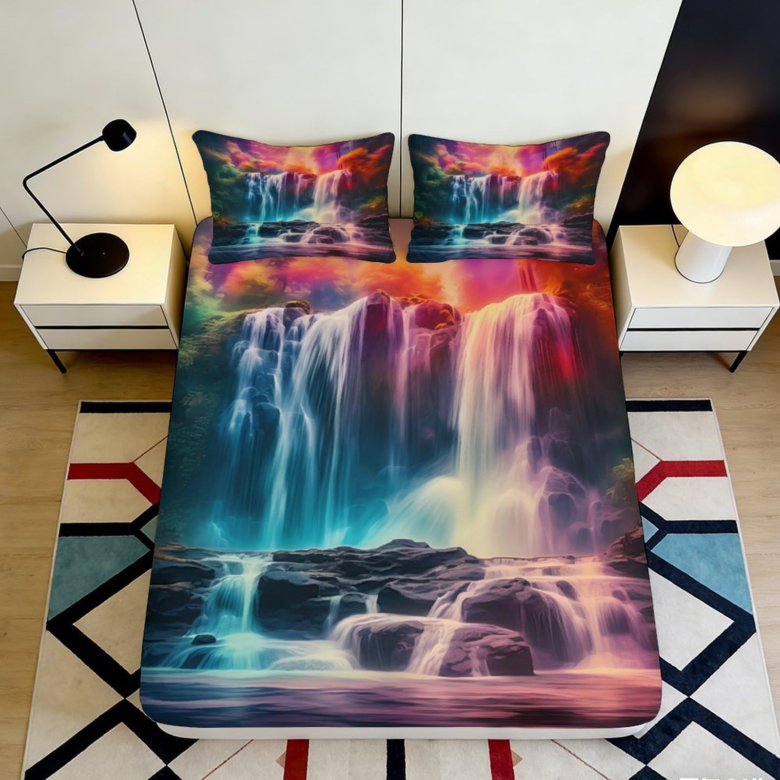 3D Printed Aurora Waterfall Fitted Sheet Microfiber Soft Mattress Cover Rainbow Landscape Bed Decor for Bedroom Home 90x200x25cm