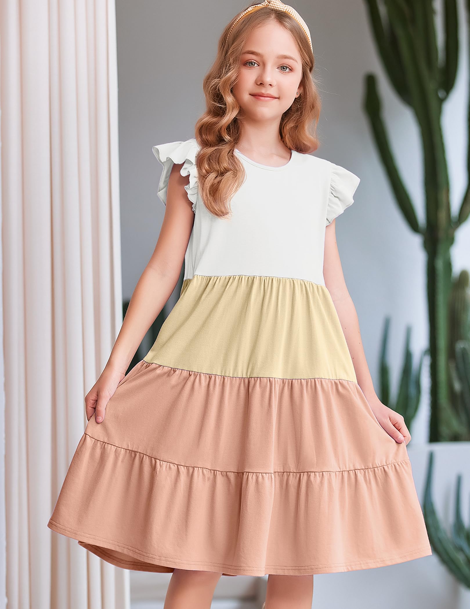 Vestido de Verano para Niñas Arshiner Algodón Mangas de Volantes Escote Redondo 4-14 Años