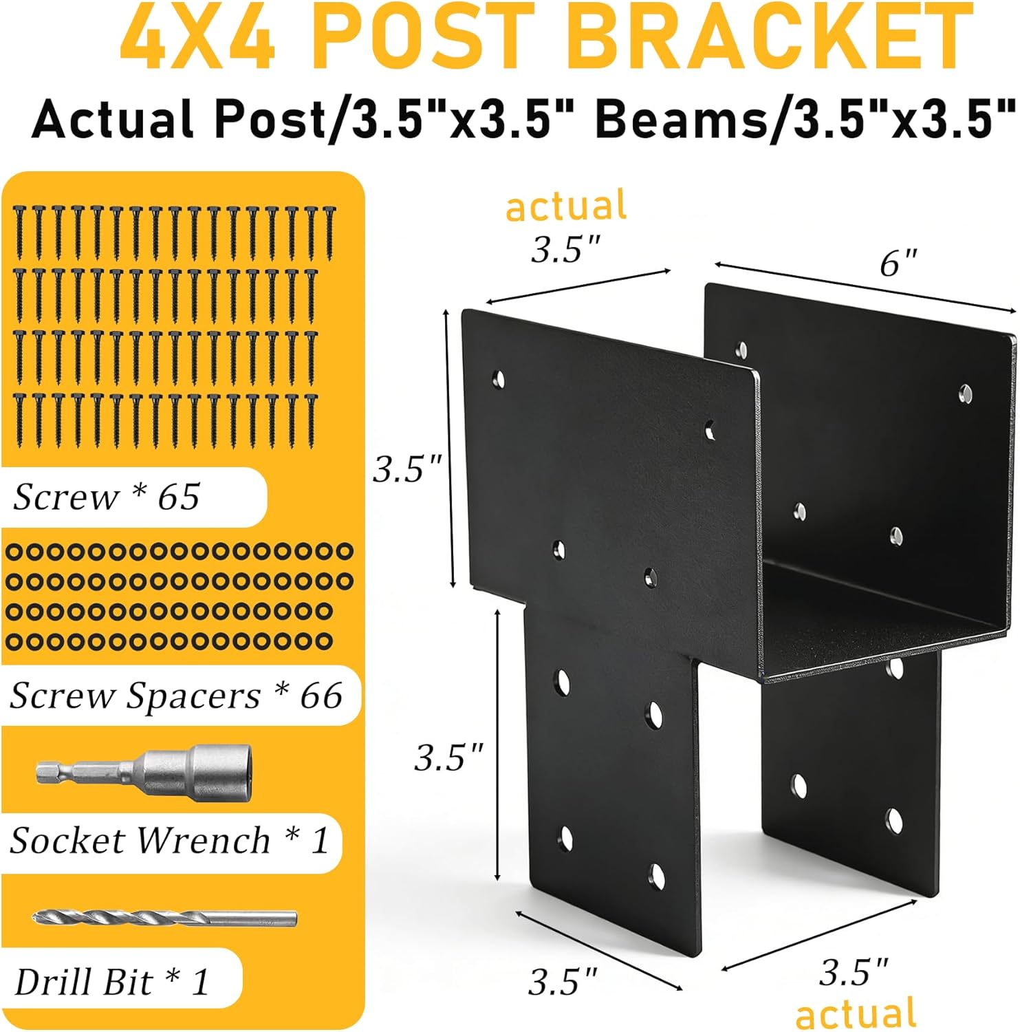 4x4 Post Brackets Kit(Actual 3.5"x3.5"), 4 Pack Heavy-Duty Post Caps Tie Bracket, Brackets for Wood Posts Beam Support, Gazebo Pergola Deck Porch Wood Connections Steel Brackets