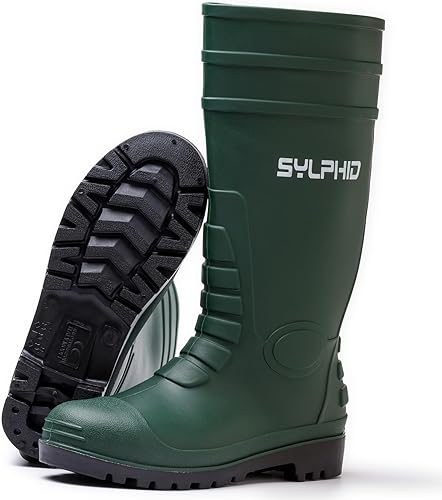 SYLPHID Botas de trabajo de goma de PVC para hombres, botas de lluvia impermeables para hombres con punta de acero, vástago de acero, botas de