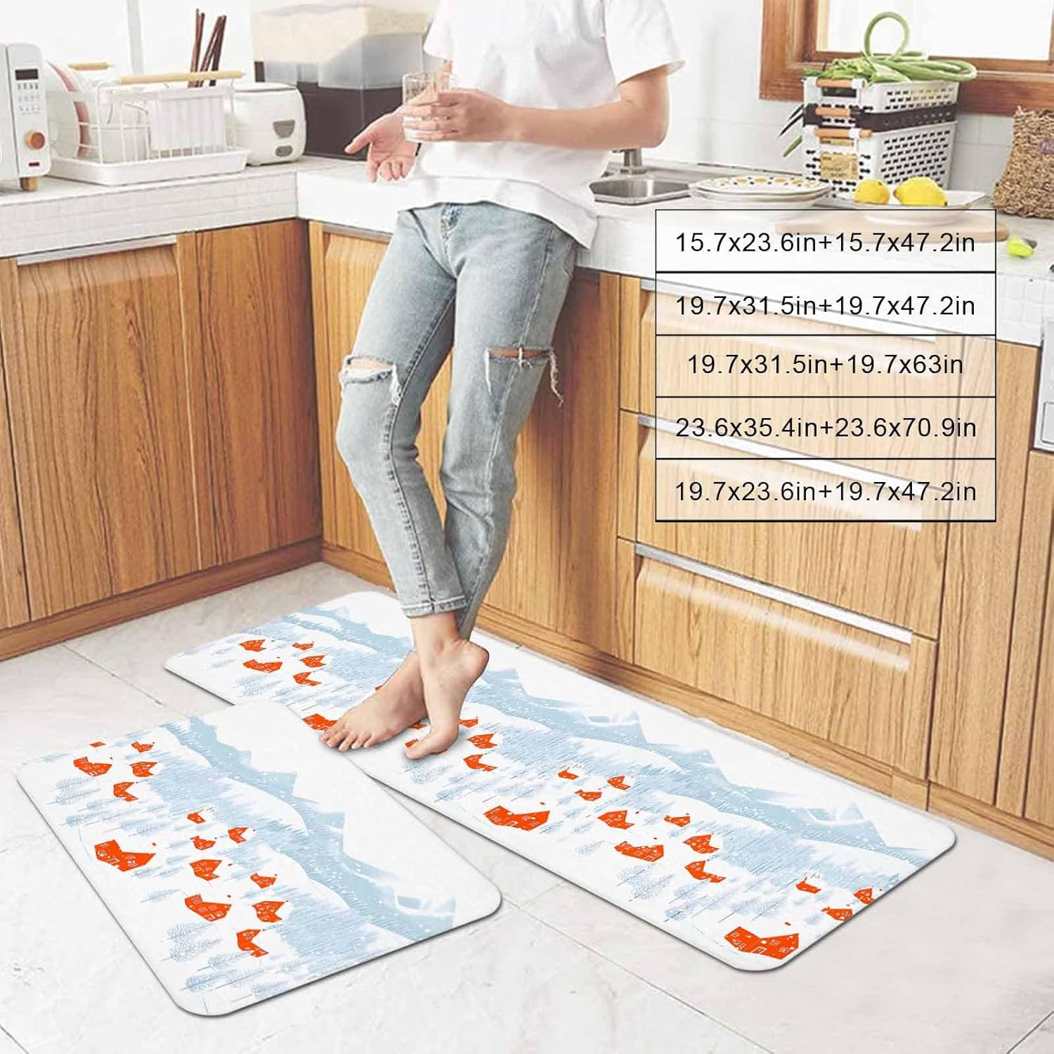 Kitchen Rugs and Mats Set of 2,Christmas Snowy Forest Winter Town Non Slip Area Runner Floor Cushioned Carpet Red House Winter Snow Scene Comfort Standing Mat for Kitchen Sink Laundry