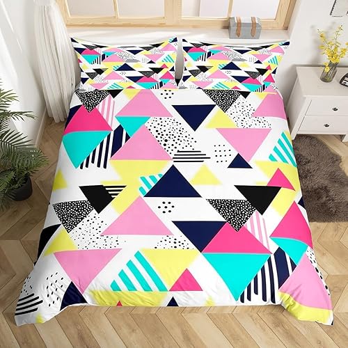 Juego de funda de edredón estilo Memphis, tamaño matrimonial, diseño abstracto colorido con puntos funky para niños y niñas, funda de edredón