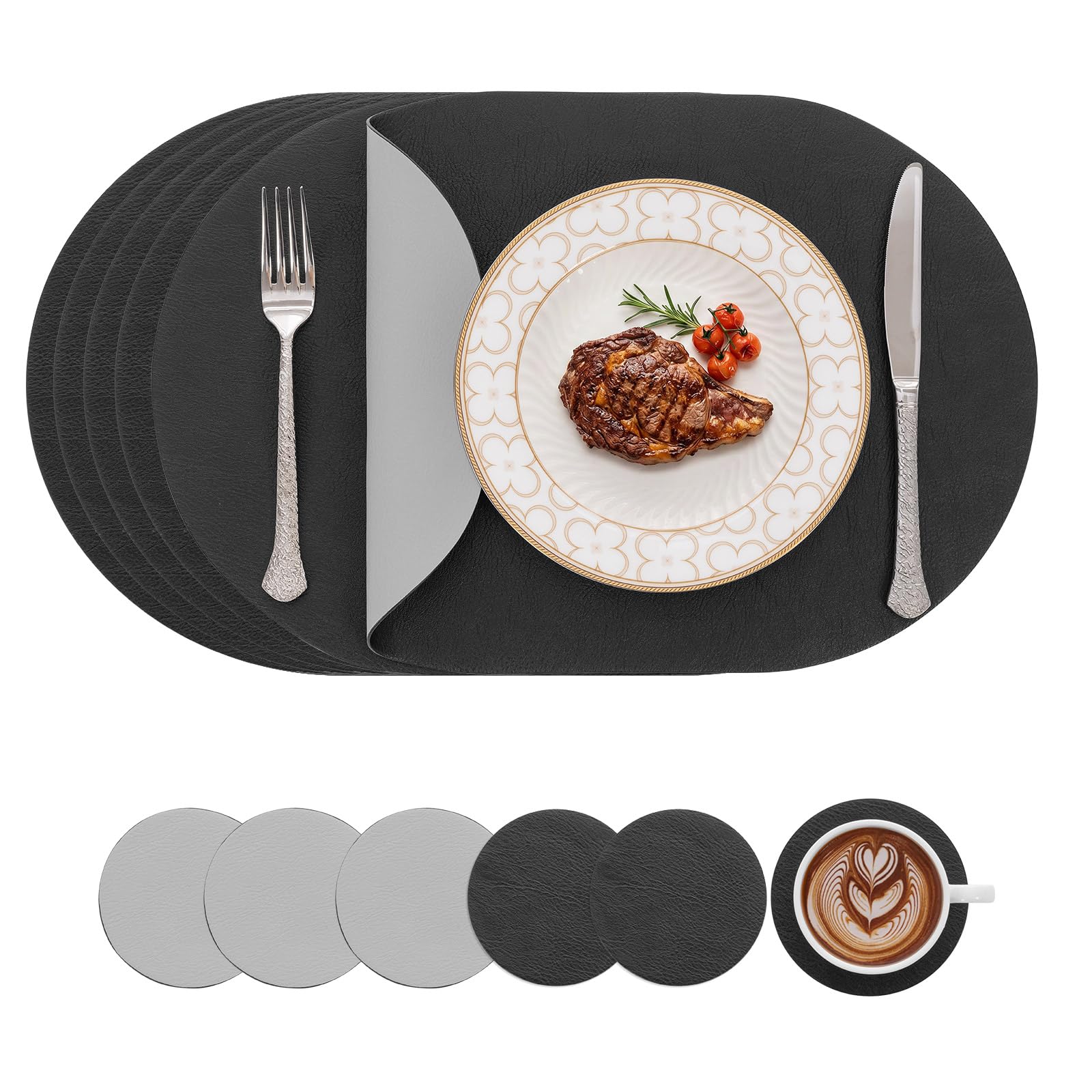 SHACOS Placemats and Coasters Set of 6 PU Leather Dual Sided Place Mats