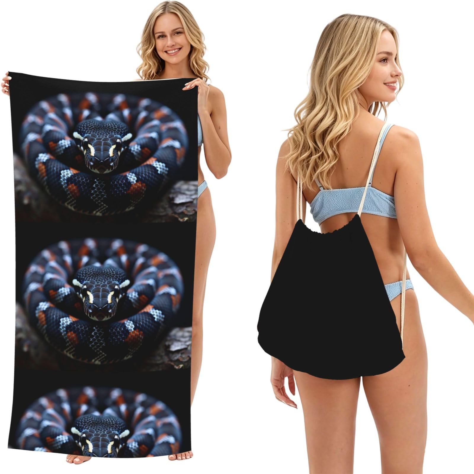 SKGOHLH Terrifying snake 2in1 Packable Beach Towel Bag Women