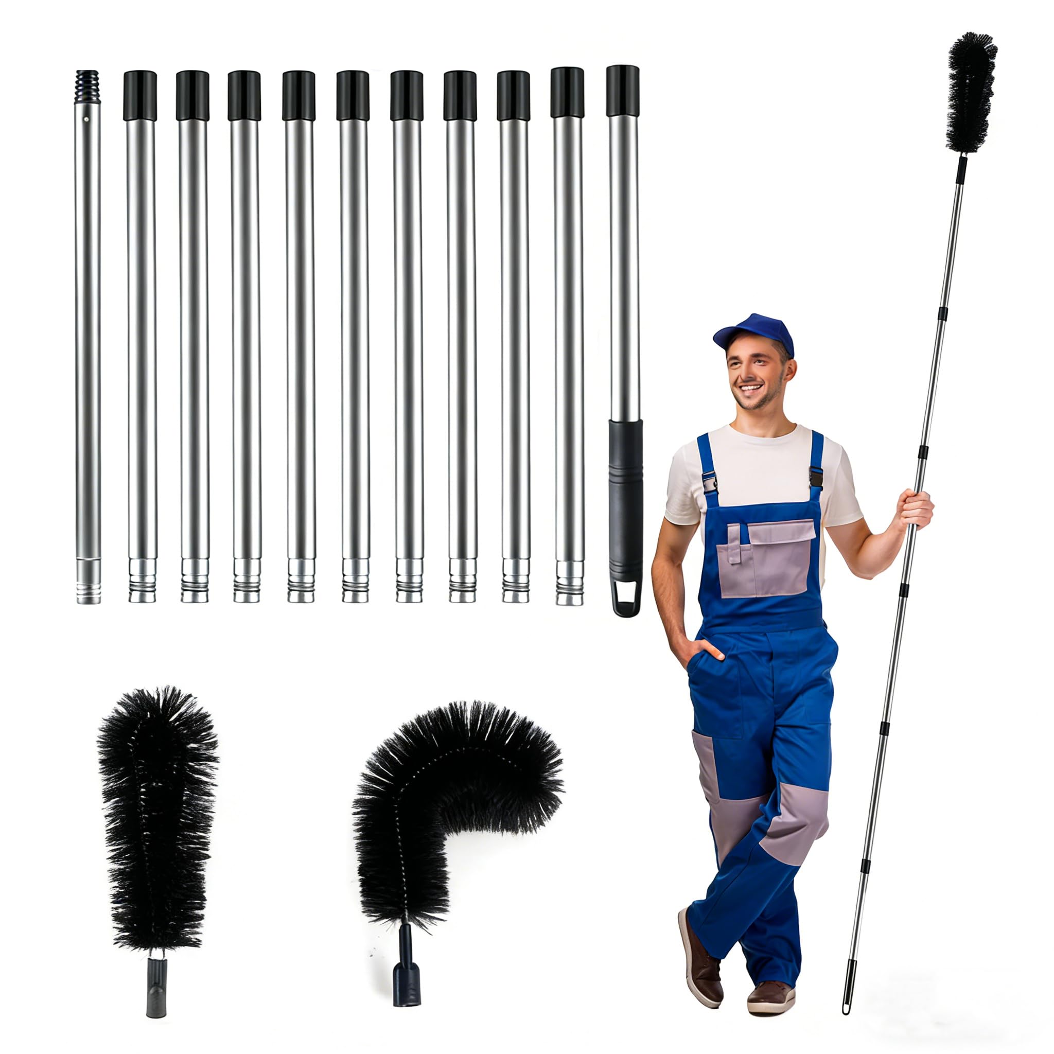 Gutter Cleaning Tools, 13.9Ft Telescopic Gutter Cleaner with 11 Extendable Poles, Portable Roof Gutter Cleaning Brush for Cleaning Leaves Debris Window Gutter (Black 13.9FT)