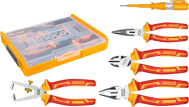 INGCO 5Pcs 1000V VDE Insulated Plier Set, 7 Inch Combination Pliers, 6 Inch Diagonal Cutting Pliers, 6 Inch Long Nose Pliers, 6 Inch Wire Stripping Pliers, 1Pcs Test Pencil HKTV01P051
