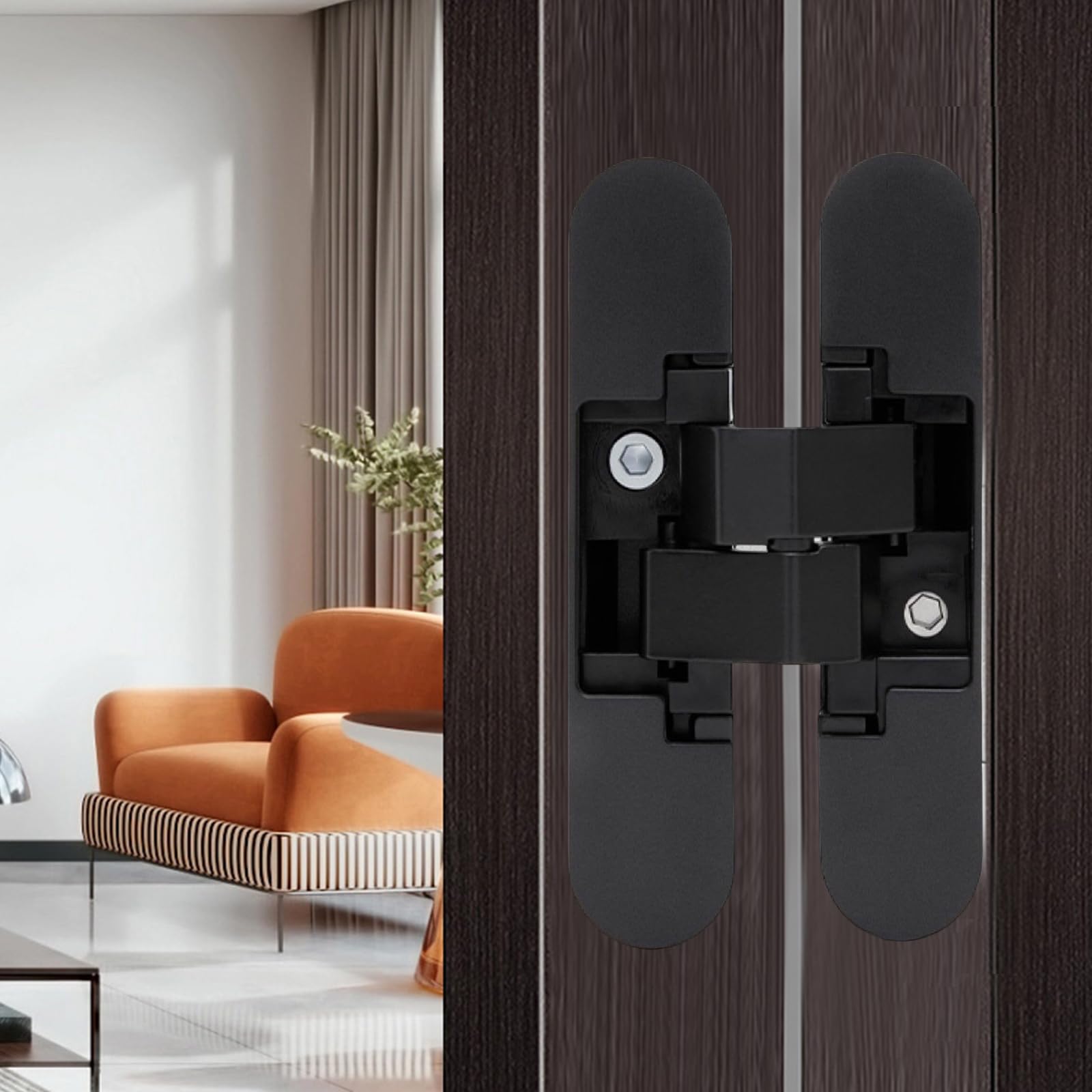 Lot de 2 charnières de porte cachées, pivotantes à 180 °, noires, 3 positions de réglage, pour porte invisible et silencieuse, noir, 110 x 25 mm