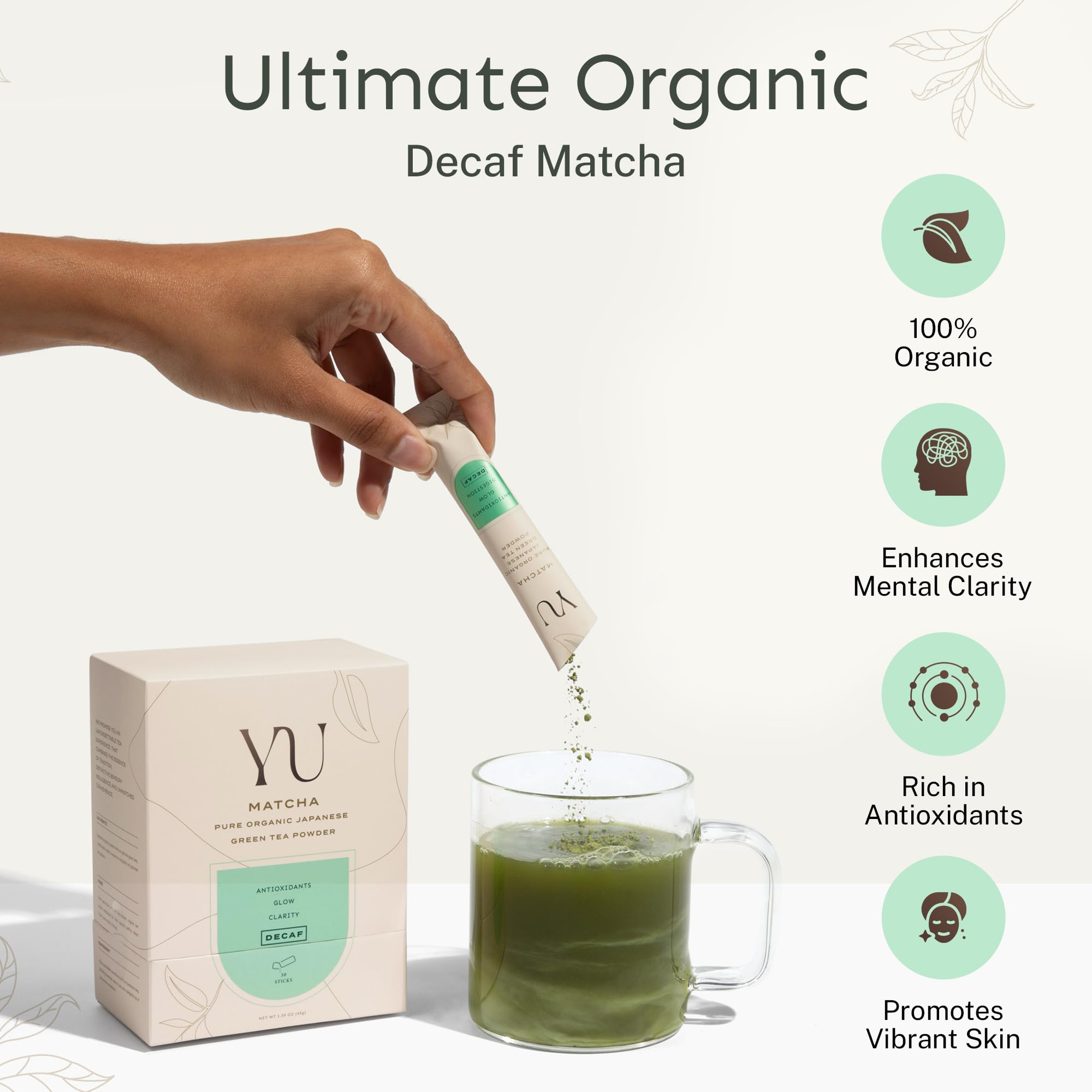 Yu Tea Organic Decaf Matcha Powder Ceremonial Grade 50 Servings Rich in Antioxidants L-Theanine Low Caffeine Unsweetened Grade — view 2
