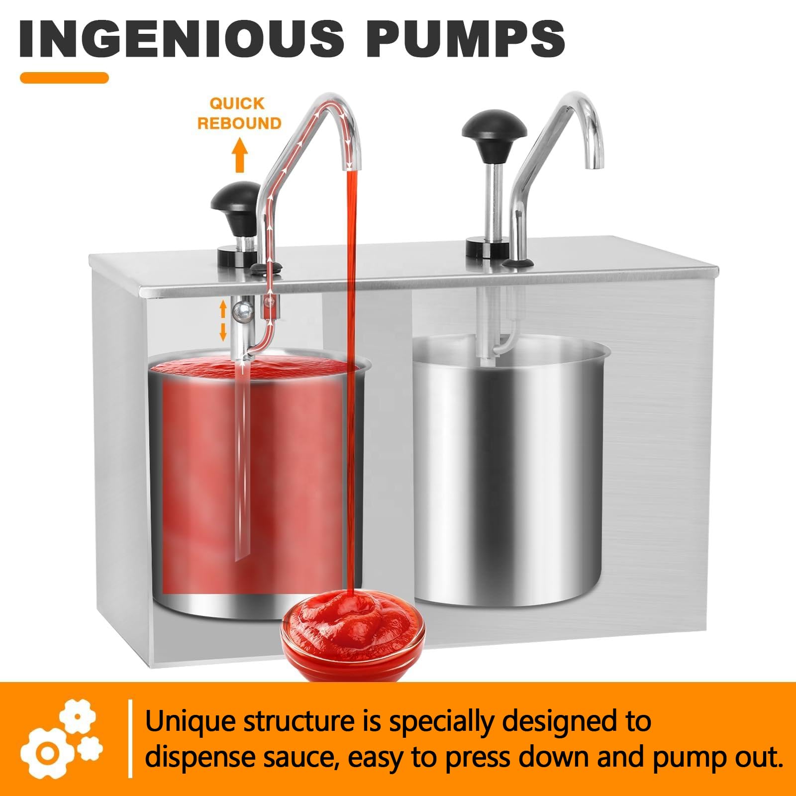 Bomba dispensadora de salsa, bomba de salsa de acero inoxidable con tanques extraíbles, capacidad de 3.6 a 10.8 L, tubo de grado alimenticio para aderezo de ensalada de jarabe