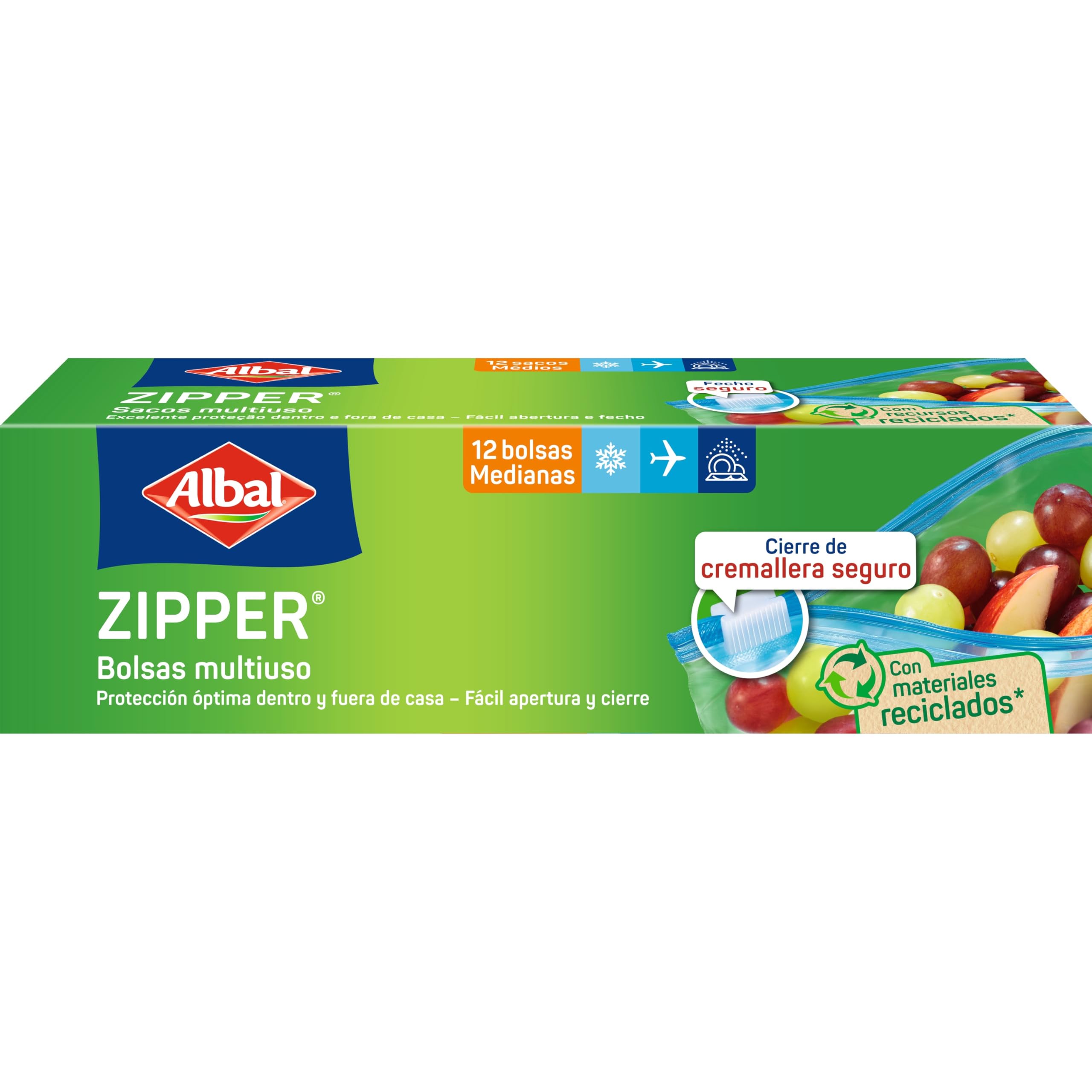 Albal Bolsas Multiuso Zipper 1 Litro, Fabricadas con 70% de Materiales Reciclados, Muy Resistentes, Reutilizables, Reciclables, Cierre Cremallera Hermético, Fondo Plano, 12 Bolsas