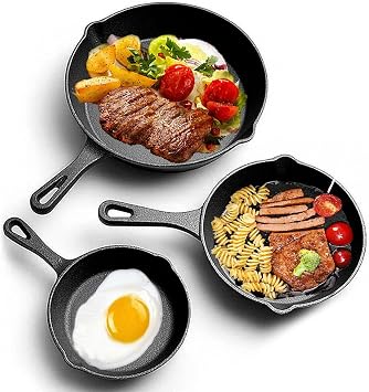 CROWNSHOP 3 Pcs Cast Iron Pan Pre-Seasoned Iron Skillet Set Heavy Duty Skillet Set with Pouring Lip for Grilling Searing Frying Baking Black 15cm 6-Inch 20cm 8-Inch 25cm 10-Inch