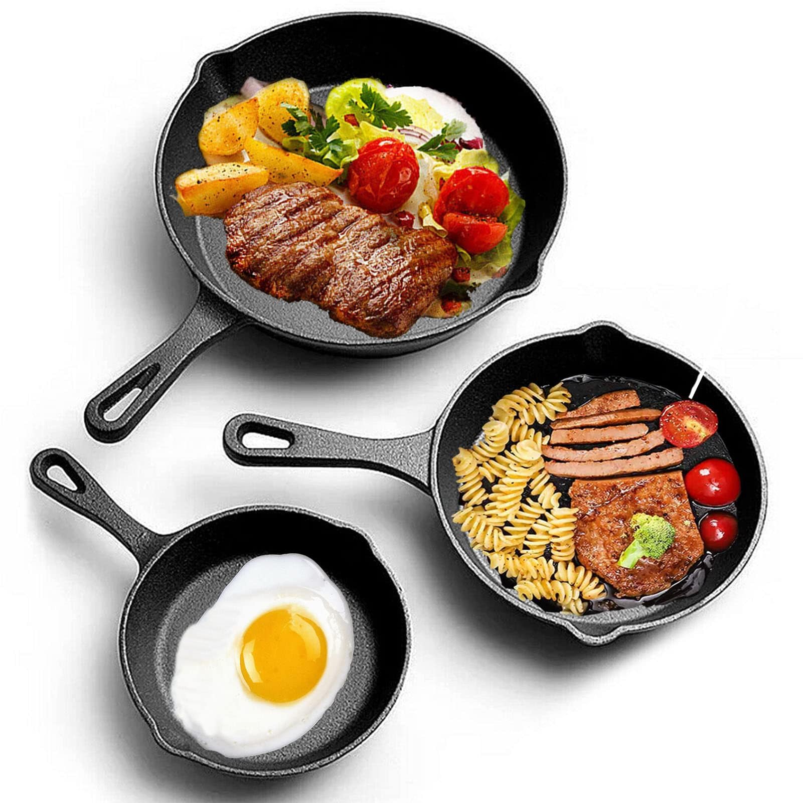 CROWNSHOP 3 Pcs Cast Iron Pan Pre-Seasoned Iron Skillet Set Heavy Duty