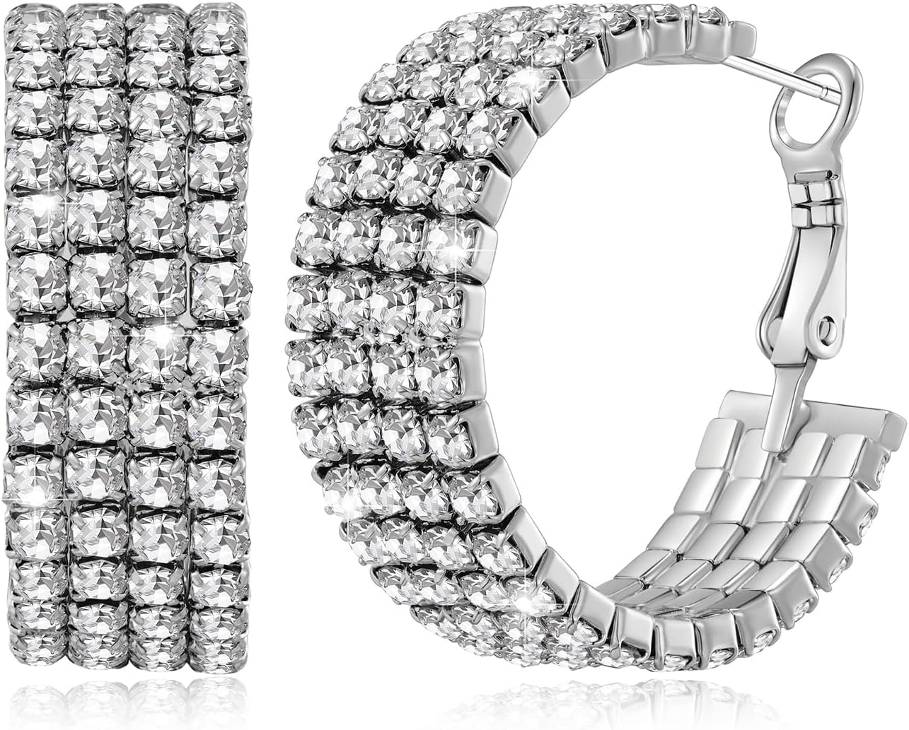 FAMARINESilver CZ Hoop Earrings Women Open C Hoops Earrings Chunky Silver Shiny Earrings for Wedding