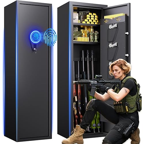 8-12 Gun Safe for Rifles and Pistols,Biometric Fingerprint Lock,No Assembly Required,Fireproof Gun Safe for Home with Removable Gun Shelf,Alarm System,Silent Mode(57"H x 14"D x 12.1"W)