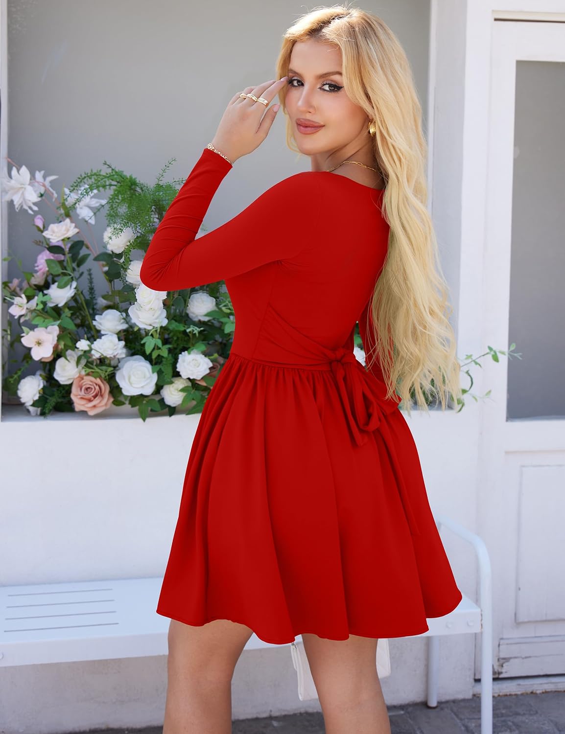 YMDUCH Women's Casual Long Sleeve Square Neck Back Belt A Line Ruffle Hem Mini Dress with Pockets - Image 2