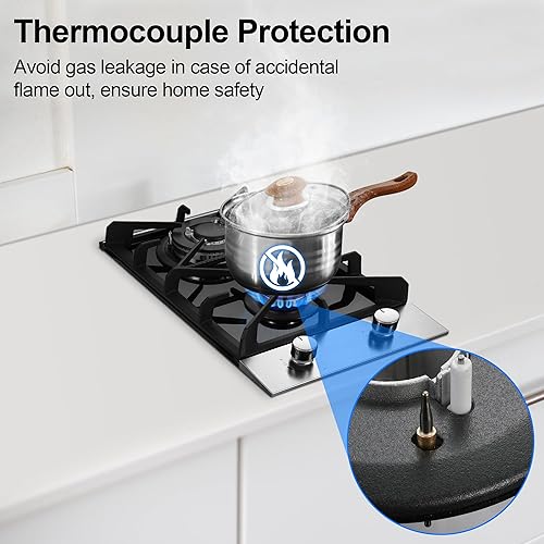 Miniatura 4 de Placa de Cocina de Gas de 2 Quemadores, 30 cm (12 pulgadas) LPG/GN de Doble Combustible Incorporada, Estufa de Gas de Vidrio Templado Negro, Cocina